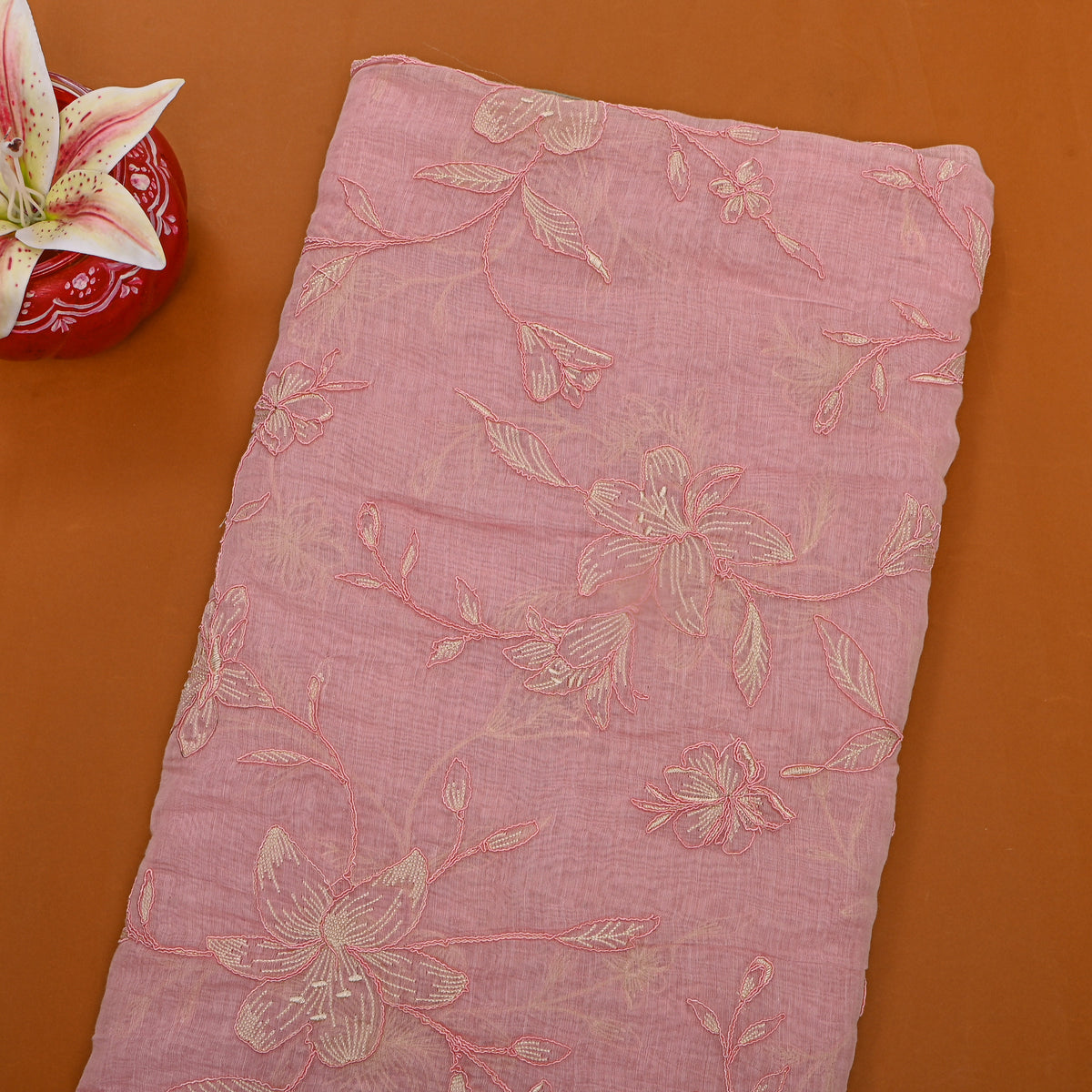 Pastel Pink Thread Work Jaal Chanderi Fabric