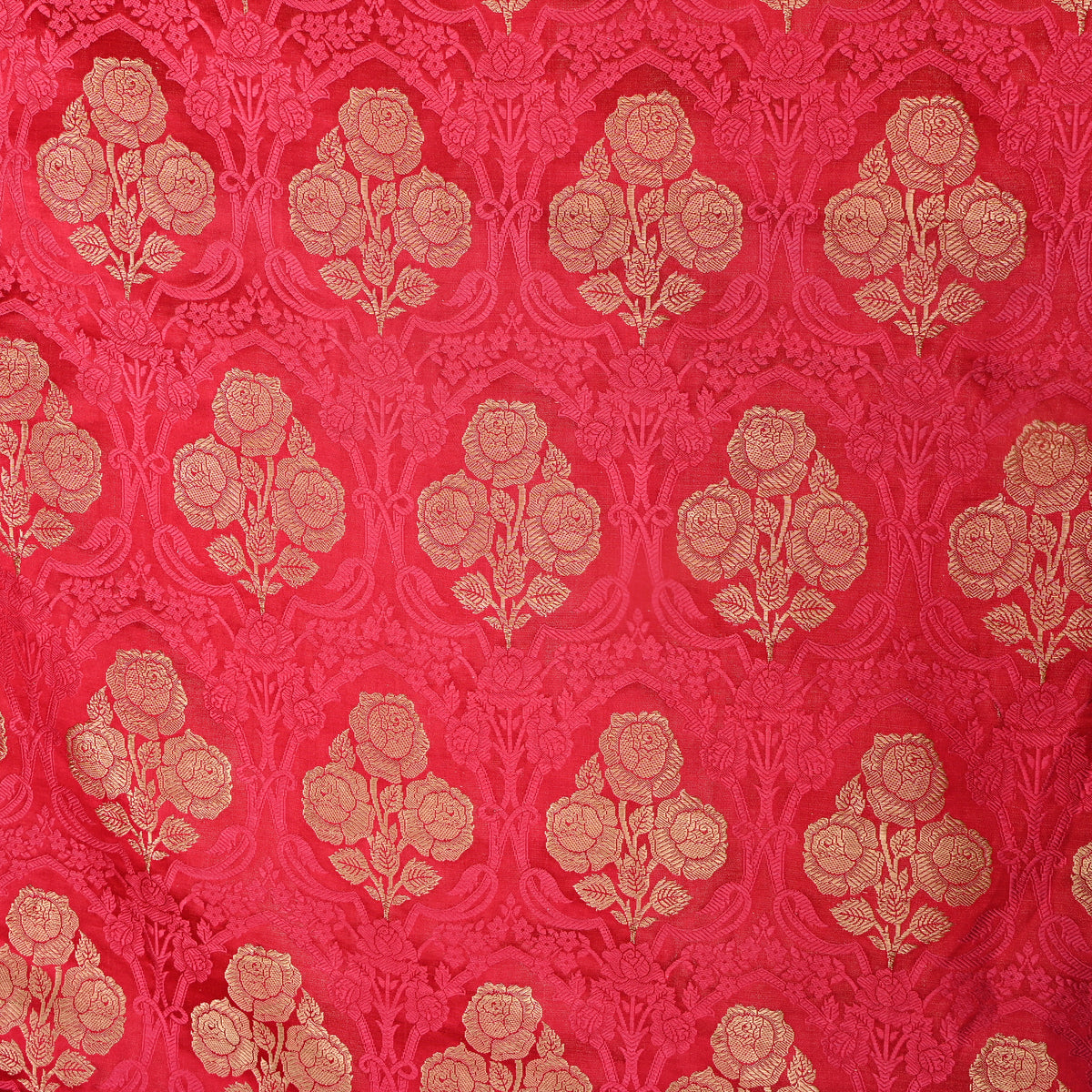 Deep Red Rose Trellis Self Weave Jamawar Silk Fabric