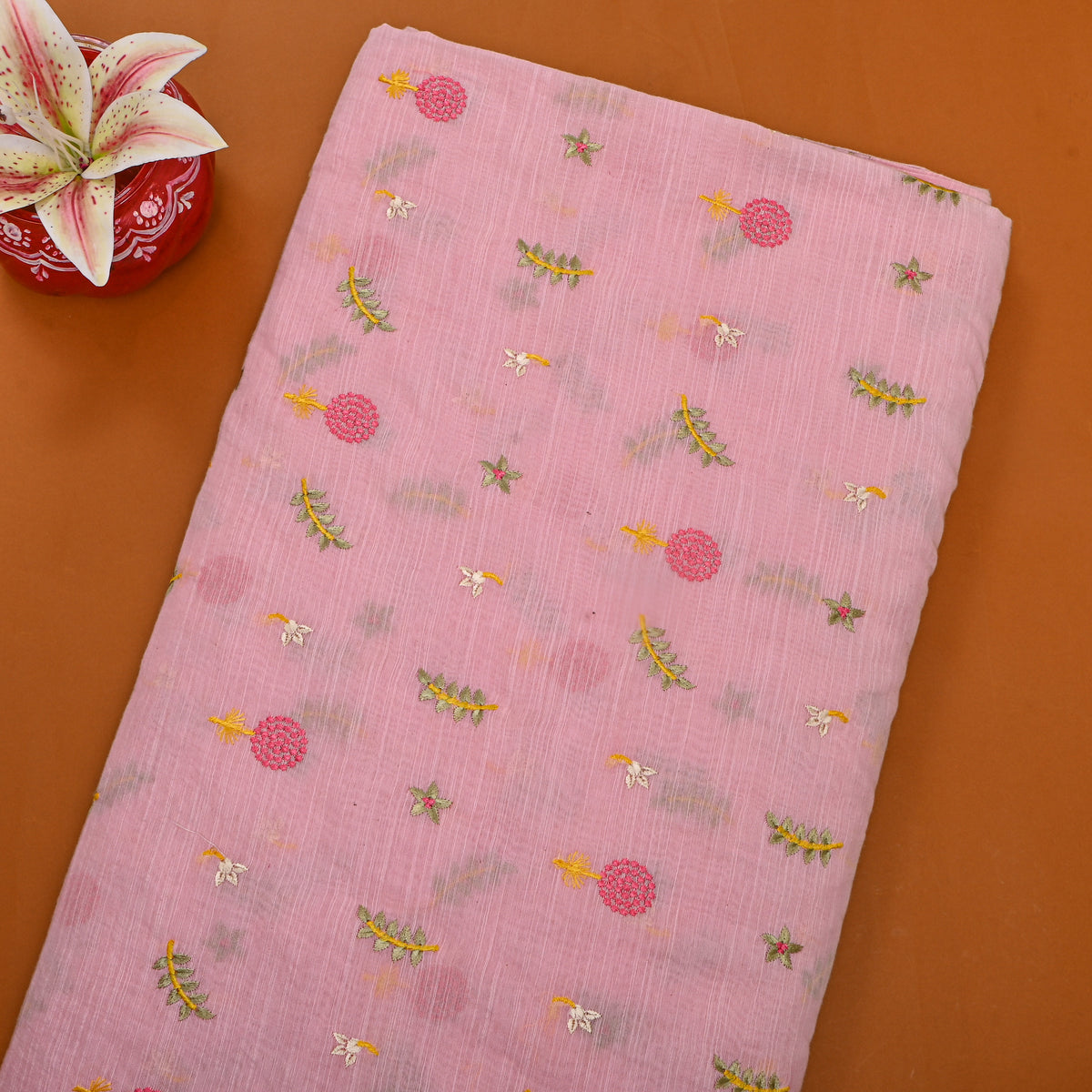 Bright Pink Floral Butti Thread Work Chanderi Fabric