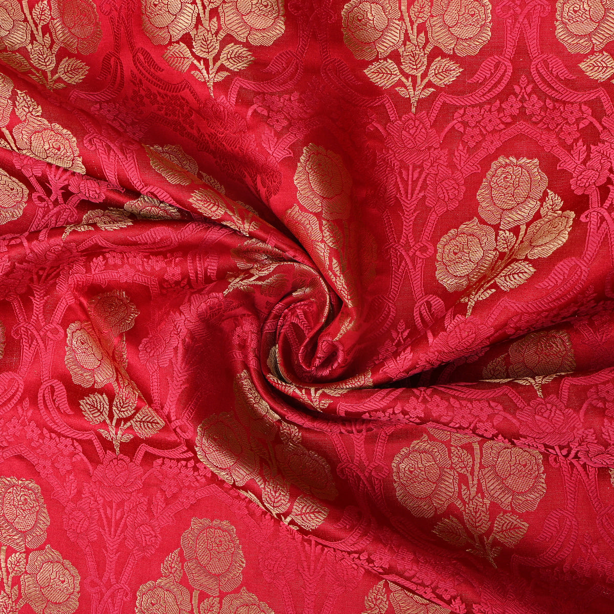 Deep Red Rose Trellis Self Weave Jamawar Silk Fabric
