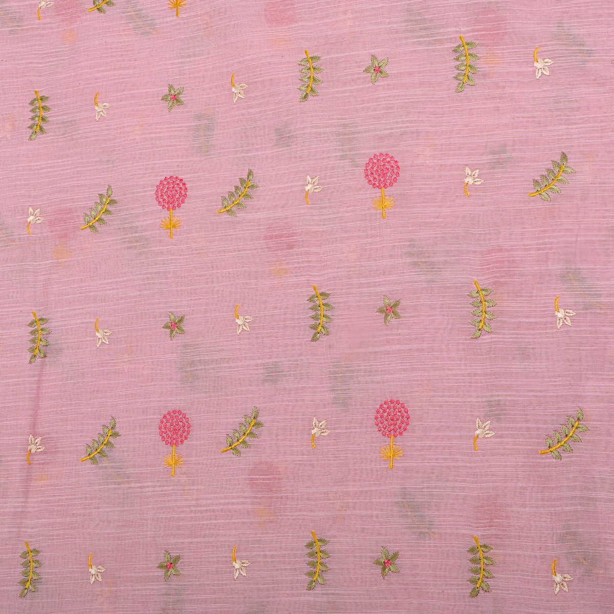 Bright Pink Floral Butti Thread Work Chanderi Fabric