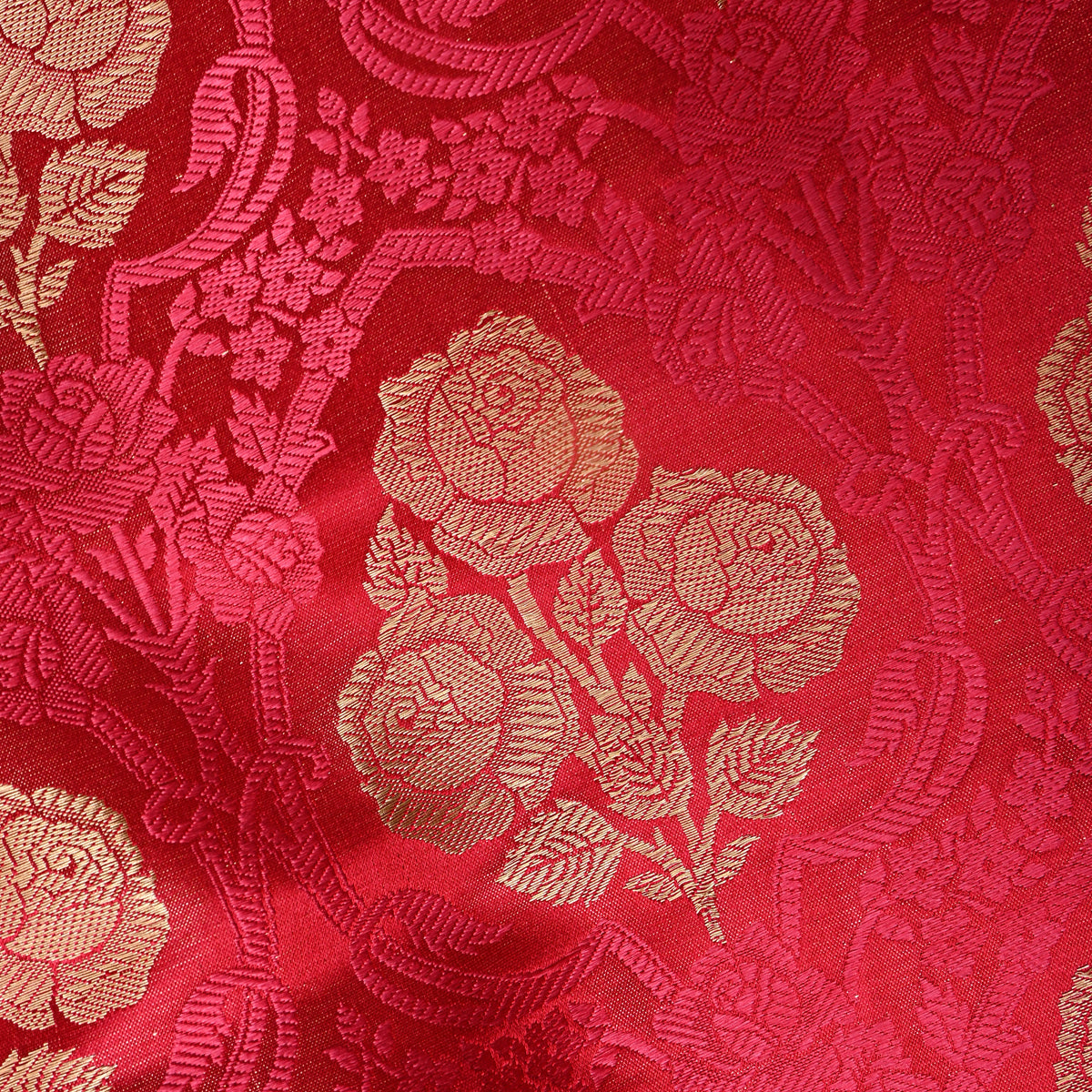 Deep Red Rose Trellis Self Weave Jamawar Silk Fabric