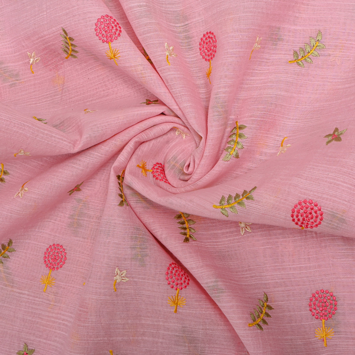 Bright Pink Floral Butti Thread Work Chanderi Fabric