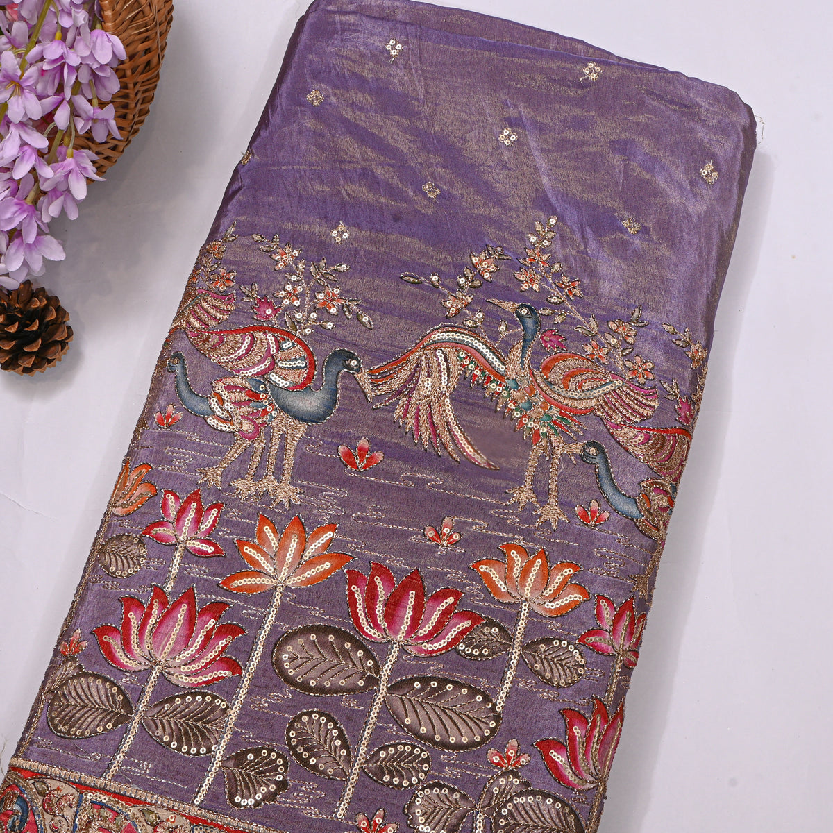 Iris Violet Lotus And Bird Sequin Embroidery Tissue Fabric