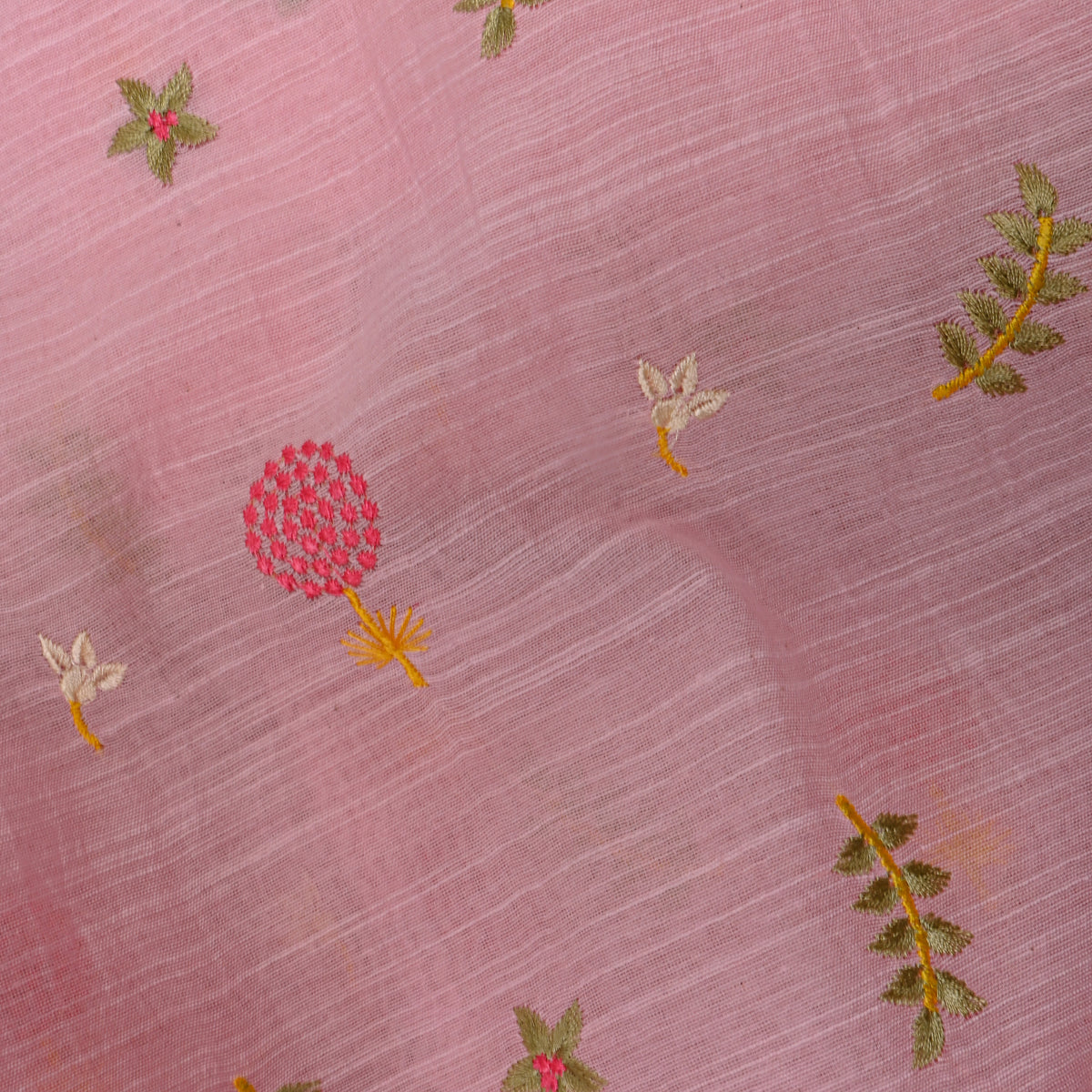 Bright Pink Floral Butti Thread Work Chanderi Fabric