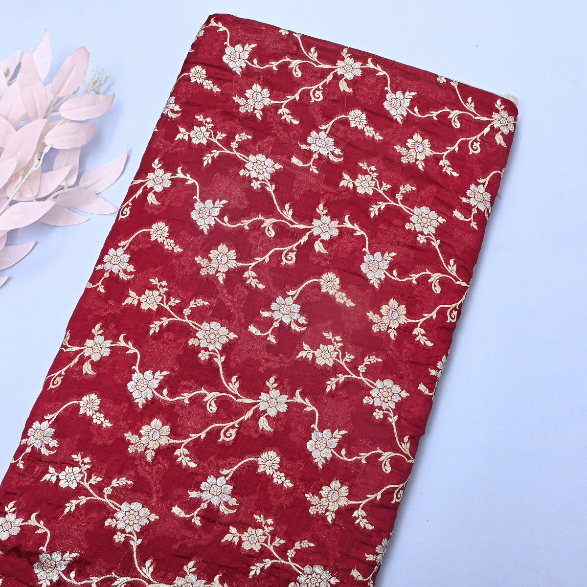 Deep Maroon Gold Zari Floral Jaal Jamawar Organza Fabric