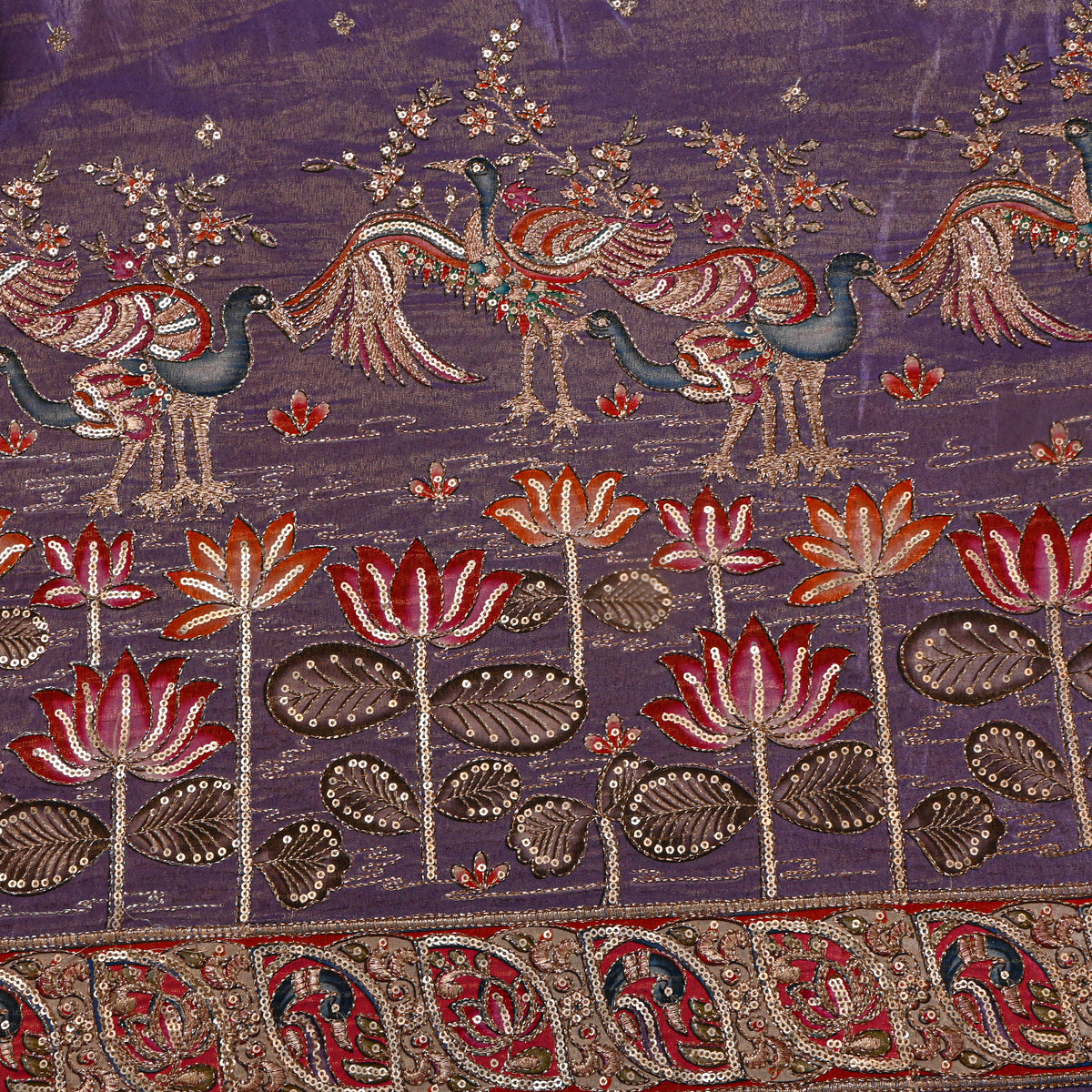 Iris Violet Lotus And Bird Sequin Embroidery Tissue Fabric