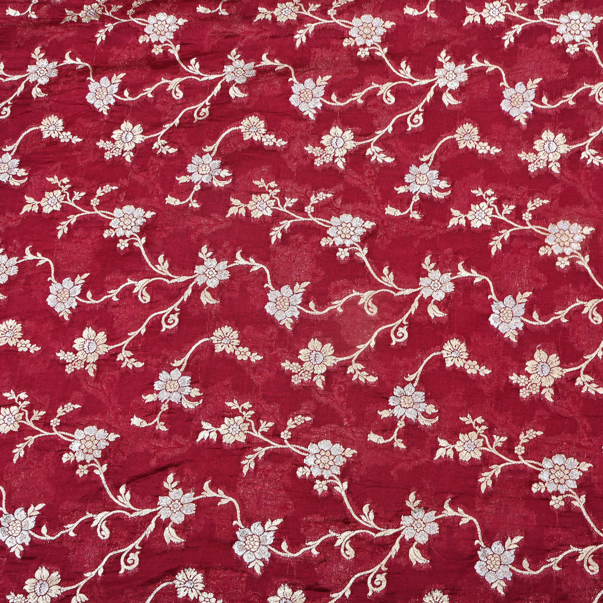 Deep Maroon Gold Zari Floral Jaal Jamawar Organza Fabric