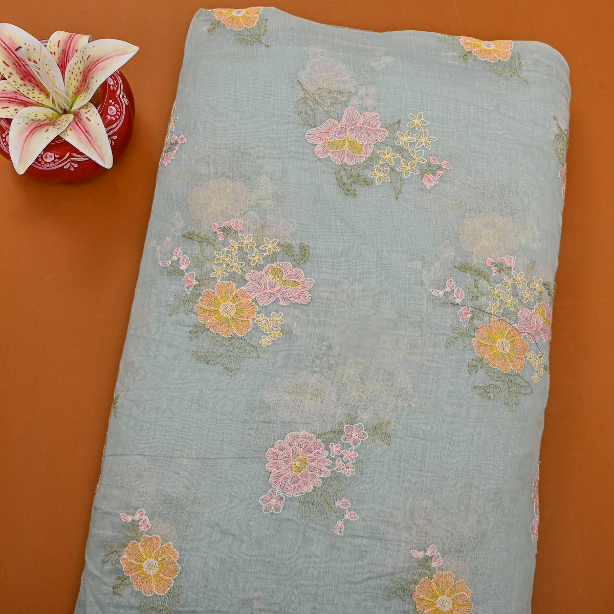 Powder Blue Thread Work Floral Chanderi Fabric