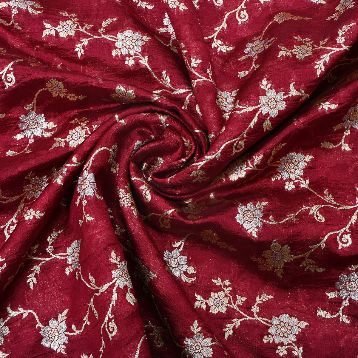 Deep Maroon Gold Zari Floral Jaal Jamawar Organza Fabric