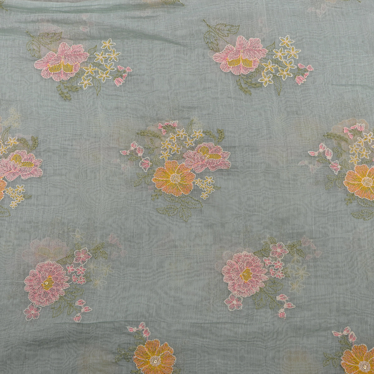 Powder Blue Thread Work Floral Chanderi Fabric