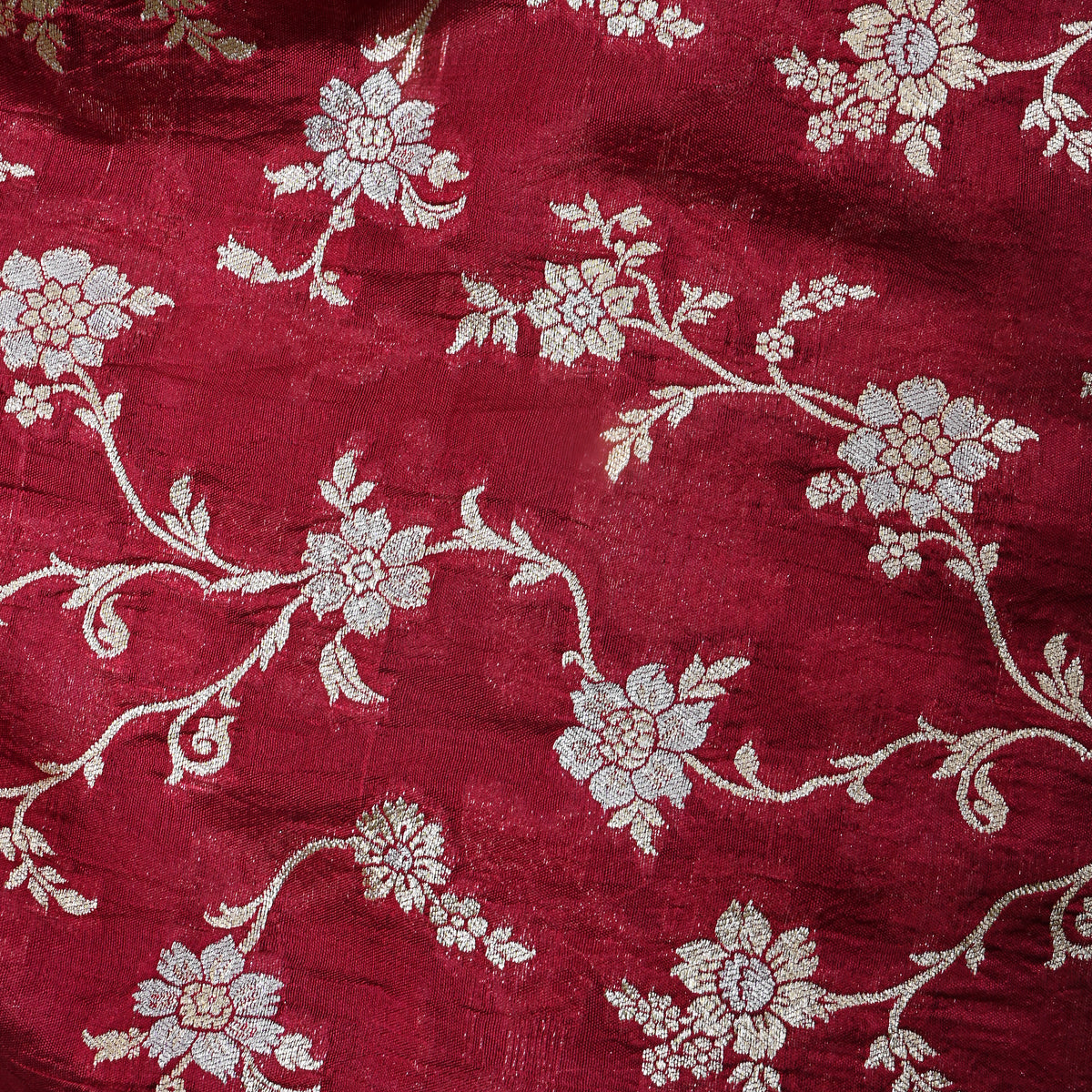 Deep Maroon Gold Zari Floral Jaal Jamawar Organza Fabric