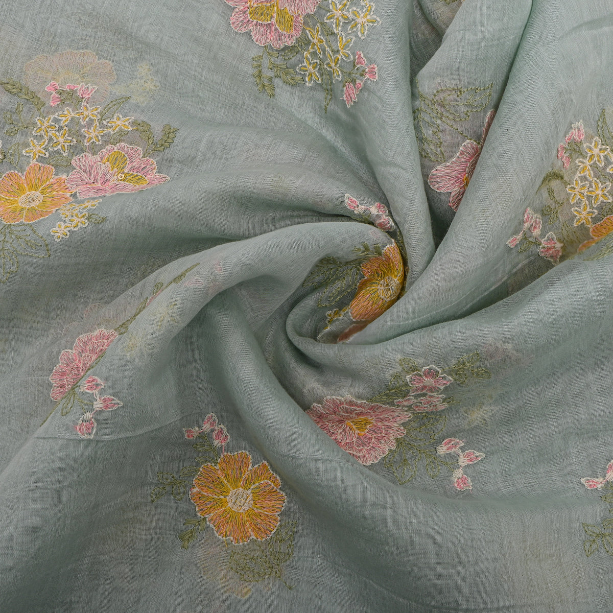 Powder Blue Thread Work Floral Chanderi Fabric