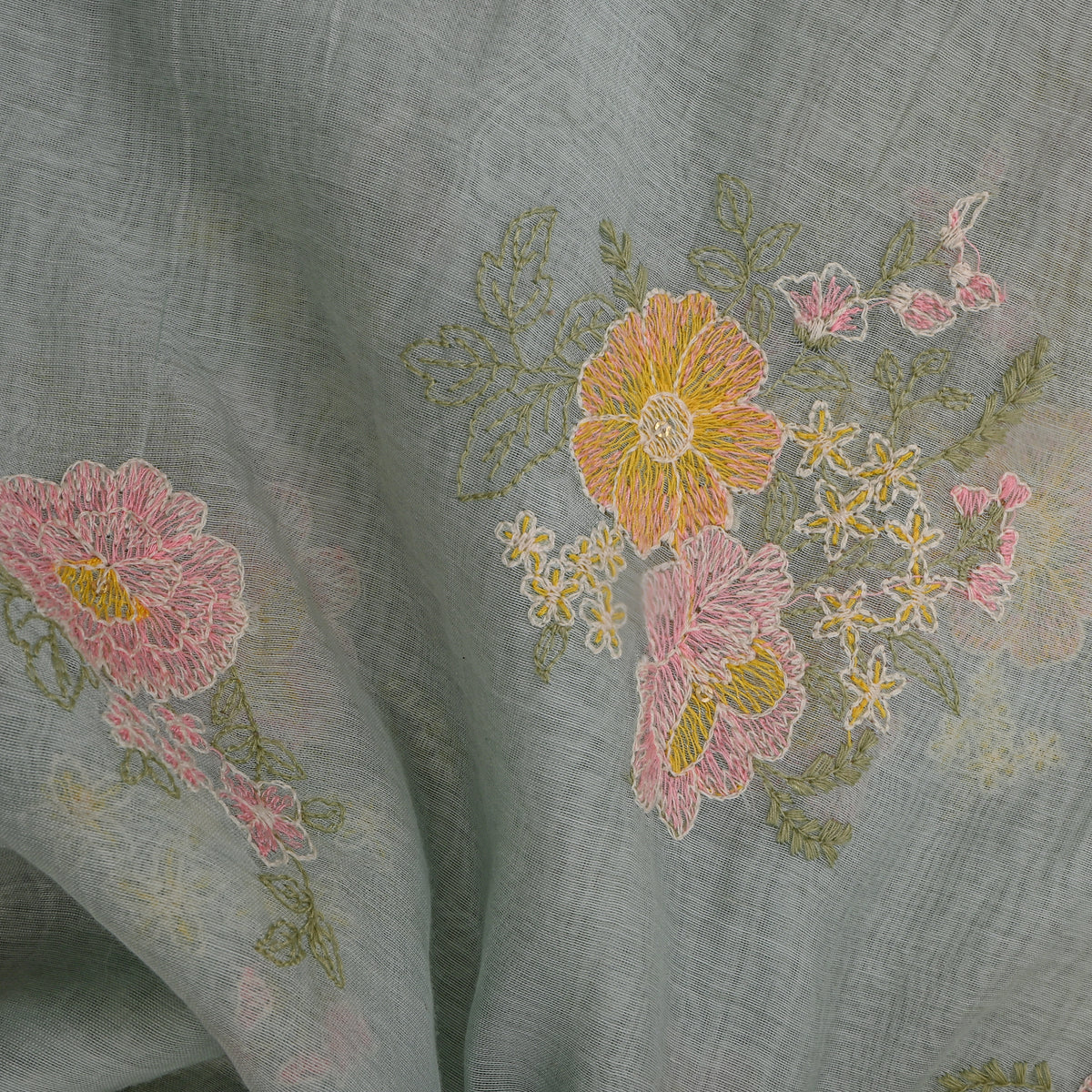 Powder Blue Thread Work Floral Chanderi Fabric