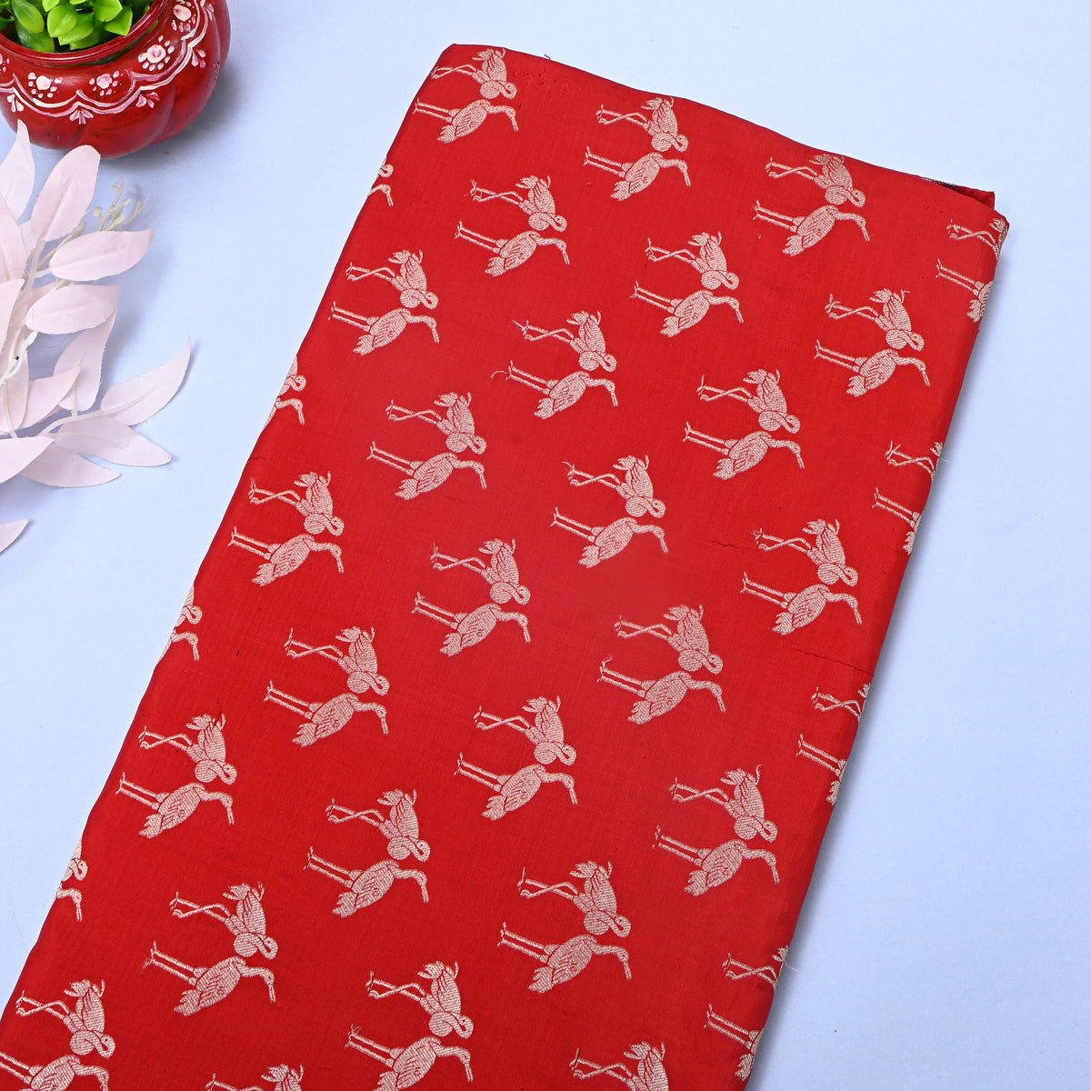 Scarlet Gold Zari Crane Motif Banarasi Silk Fabric