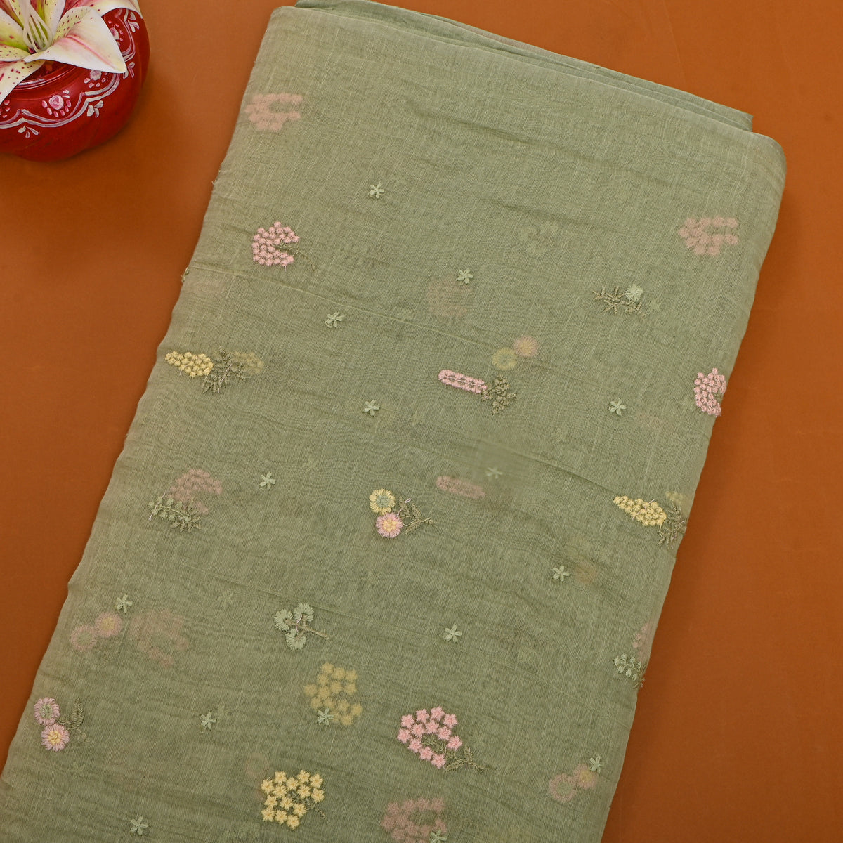 Pastel Green With Pink Thread Work Butti Chanderi Fabric