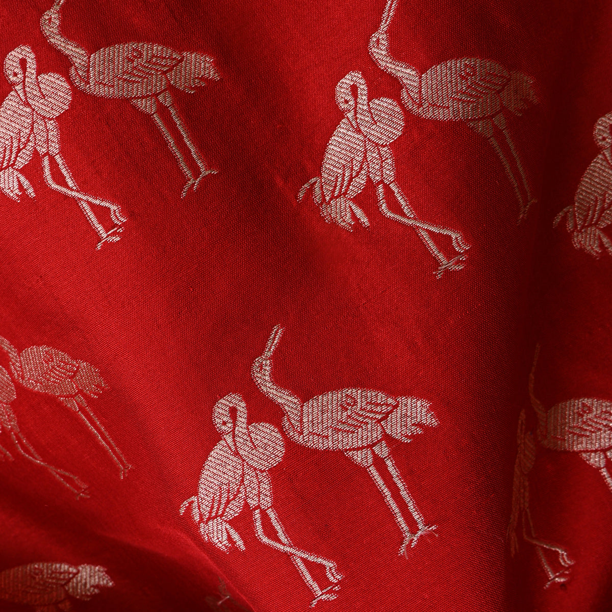 Scarlet Gold Zari Crane Motif Banarasi Silk Fabric
