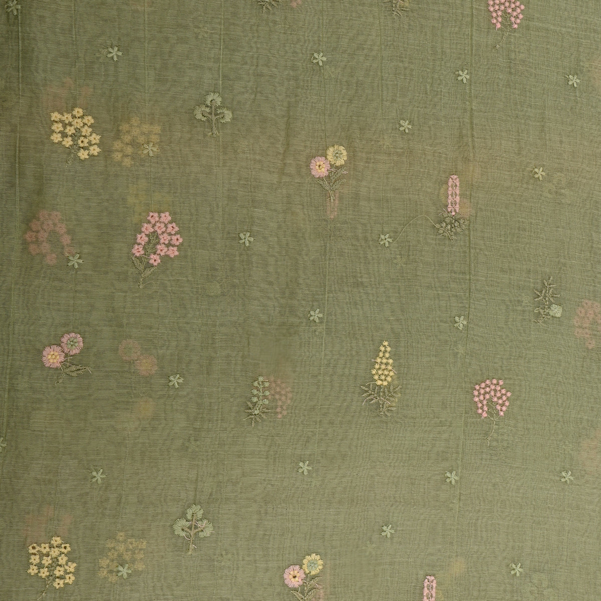 Pastel Green With Pink Thread Work Butti Chanderi Fabric
