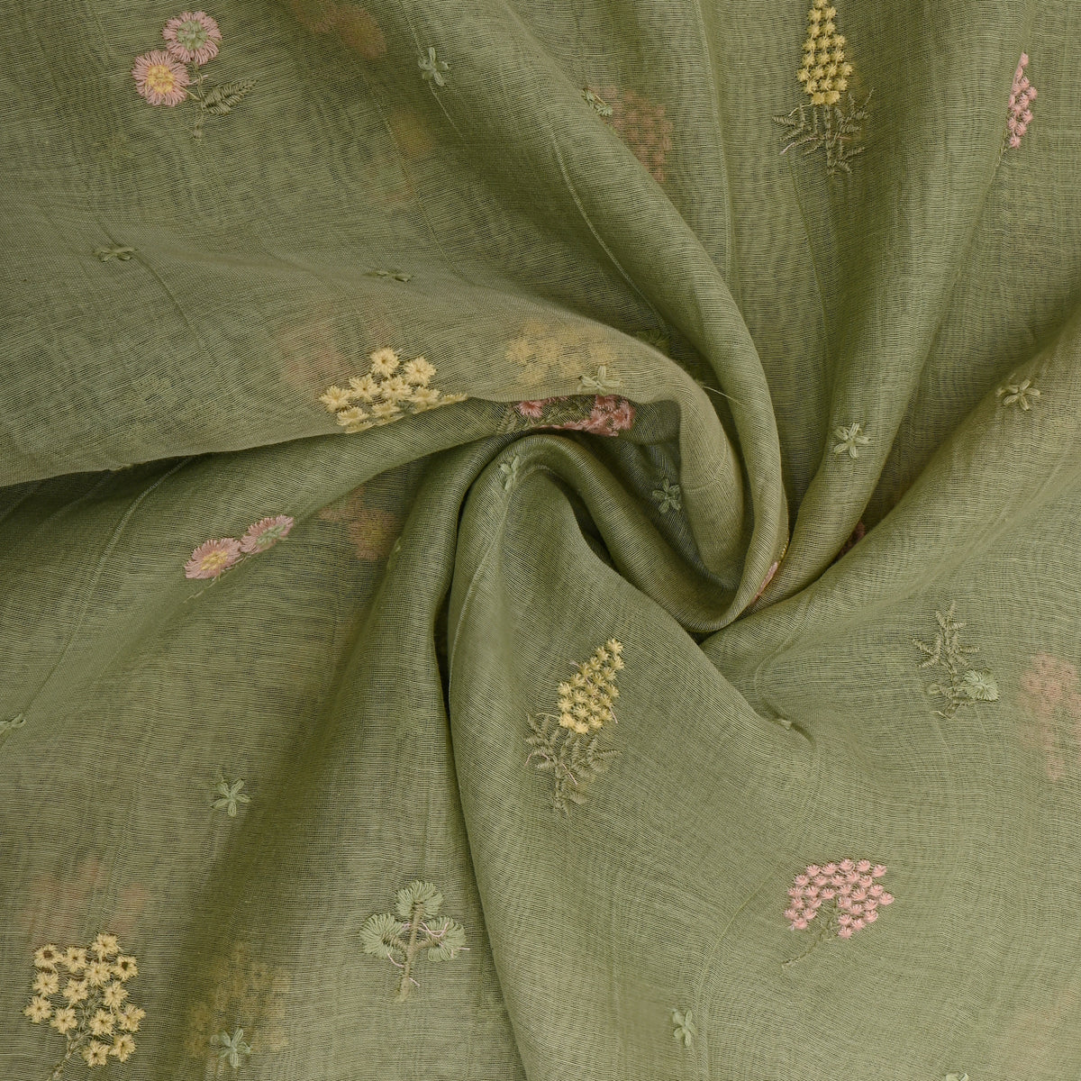 Pastel Green With Pink Thread Work Butti Chanderi Fabric