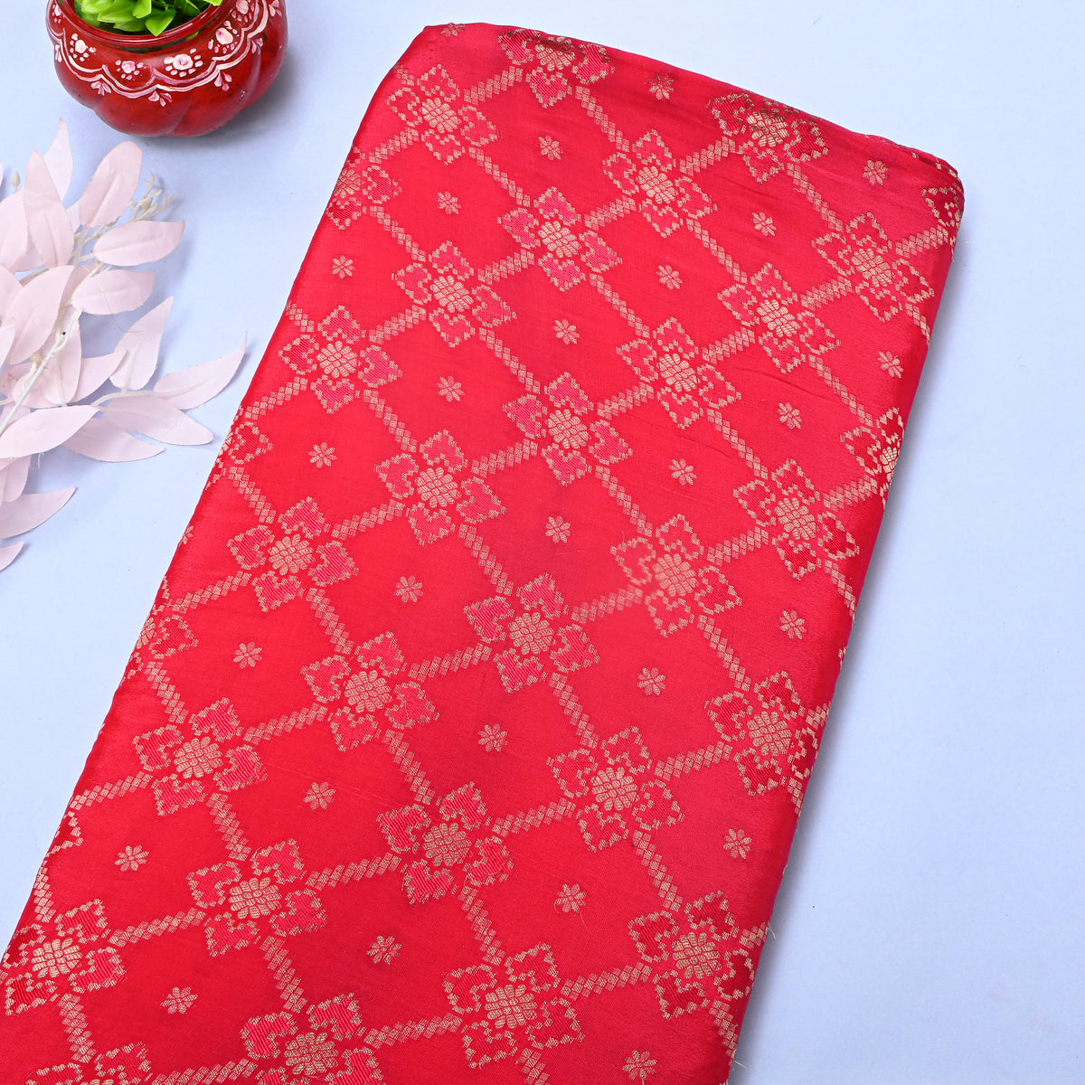 Red Gold Zari Checks Butti Jamawar Silk Fabric