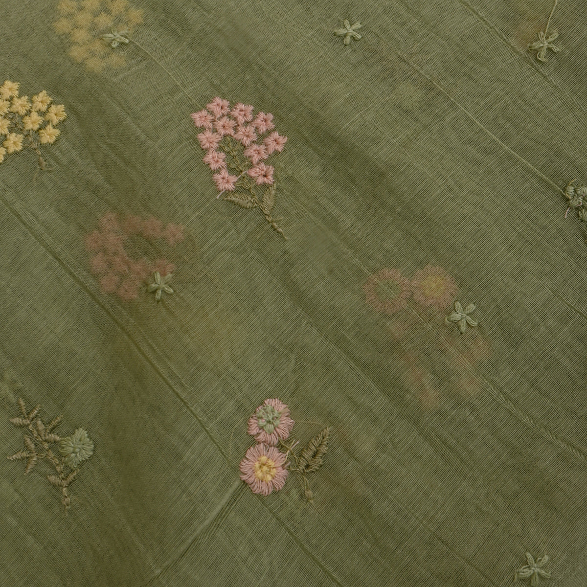 Pastel Green With Pink Thread Work Butti Chanderi Fabric