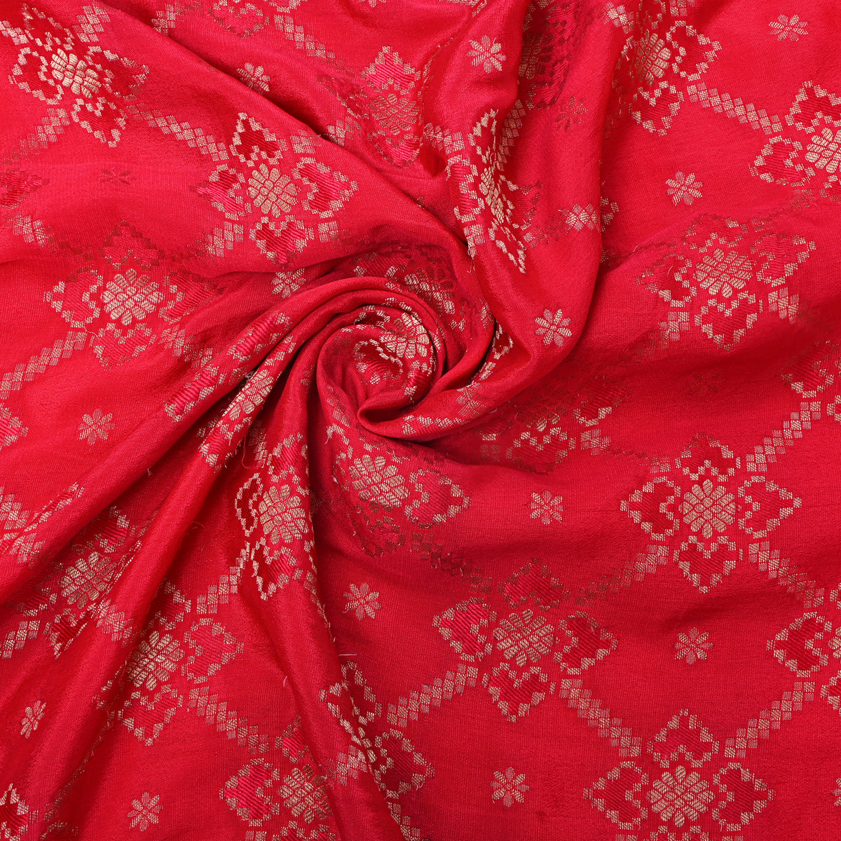 Red Gold Zari Checks Butti Jamawar Silk Fabric