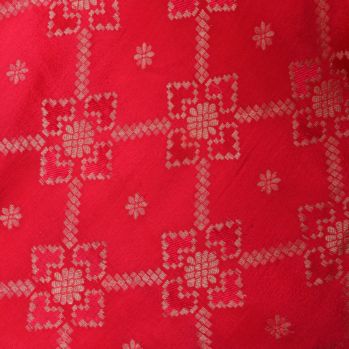 Red Gold Zari Checks Butti Jamawar Silk Fabric
