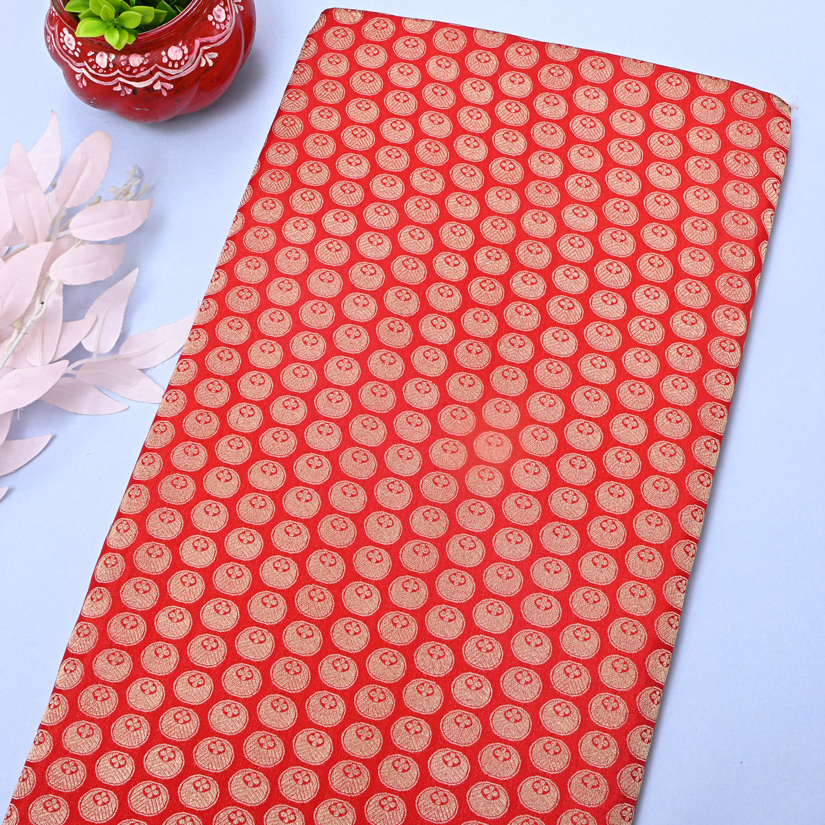 Red Gold Zari Butti Motif Jamawar Silk Fabric