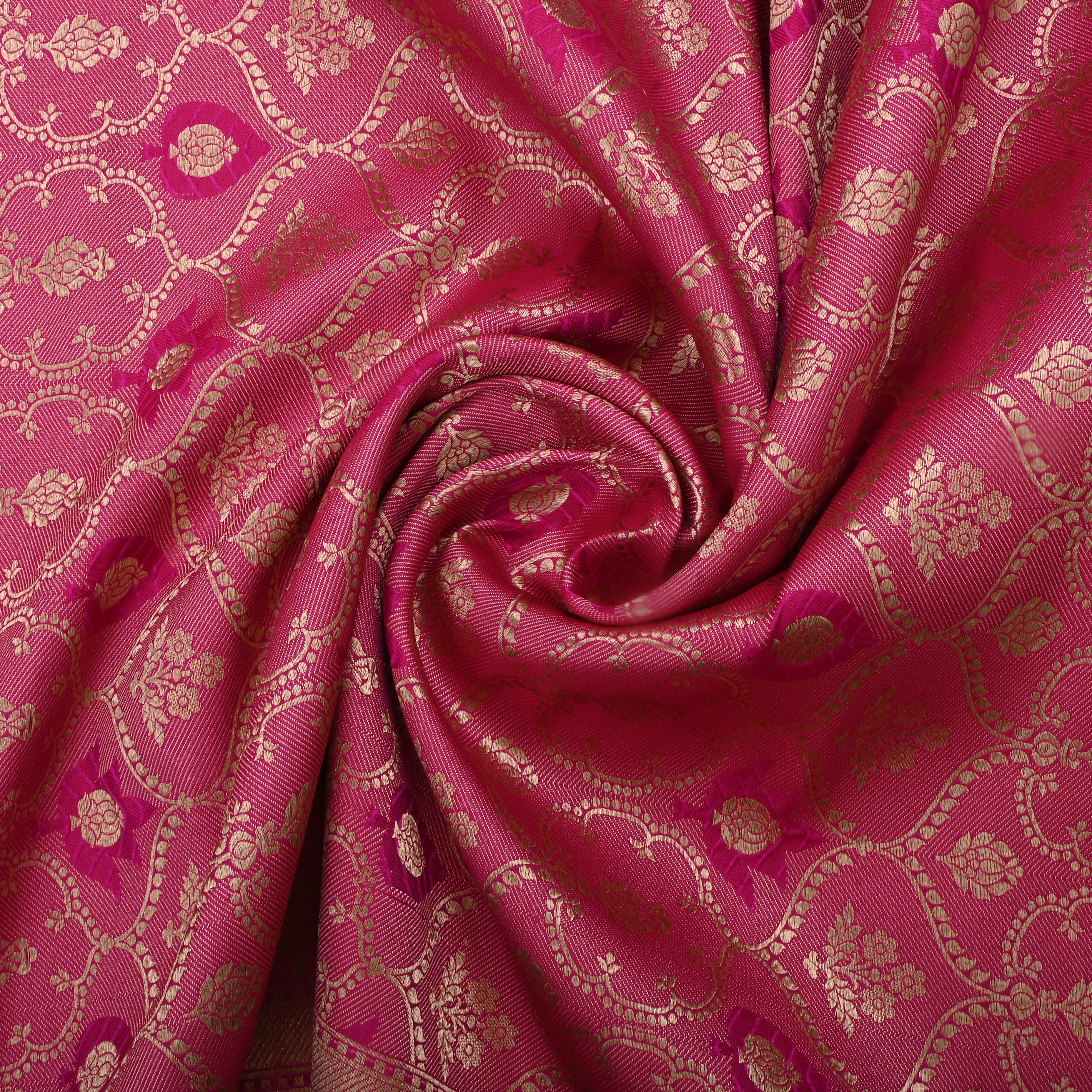 Rich Pinkish Maroon Jamawar Silk Fabric With Woven Design
