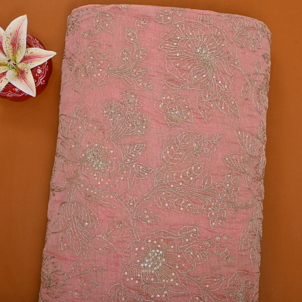 Rose Pink Gold Thread Work Floral Chanderi Fabric