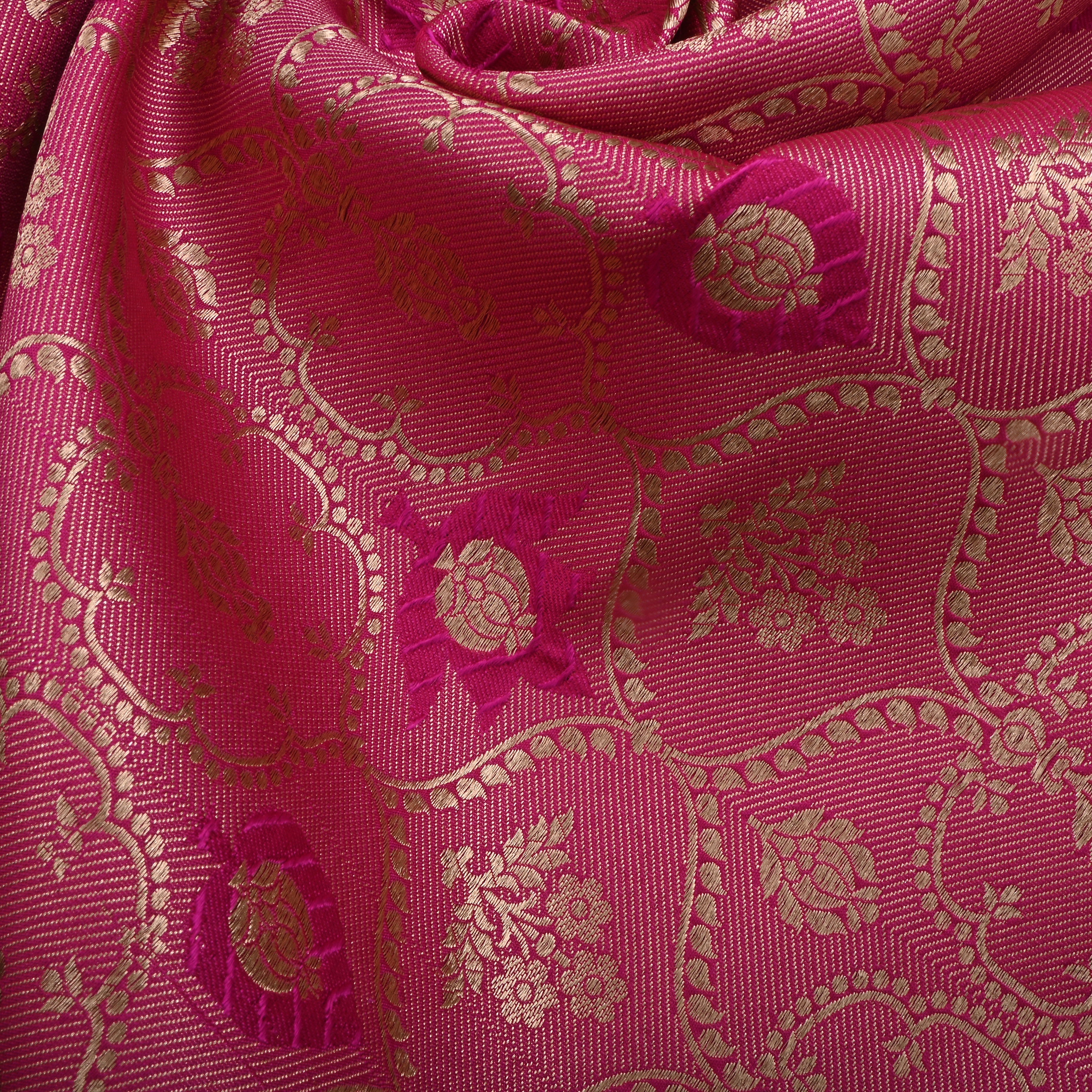 Rich Pinkish Maroon Jamawar Silk Fabric With Woven Design