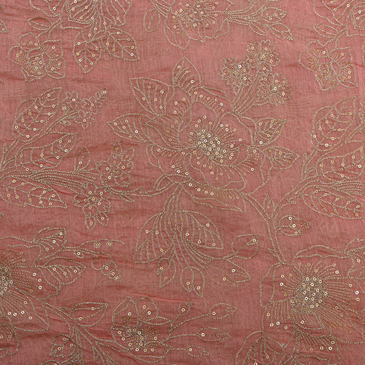 Rose Pink Gold Thread Work Floral Chanderi Fabric