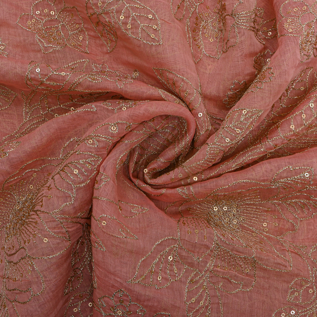 Rose Pink Gold Thread Work Floral Chanderi Fabric