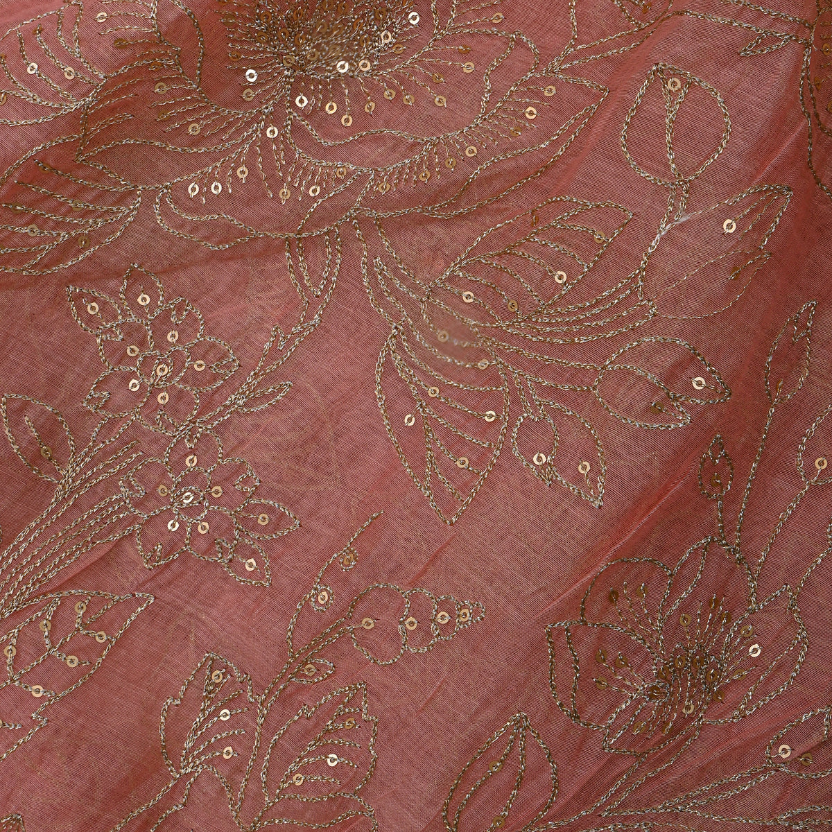 Rose Pink Gold Thread Work Floral Chanderi Fabric