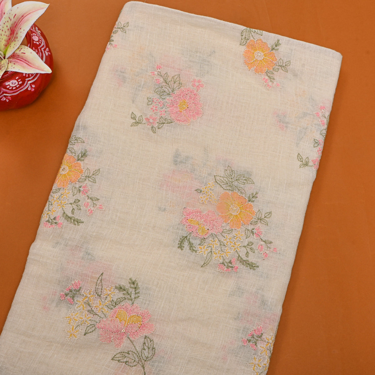 A Cream White Floral Thread Work Embroider Linen Fabric