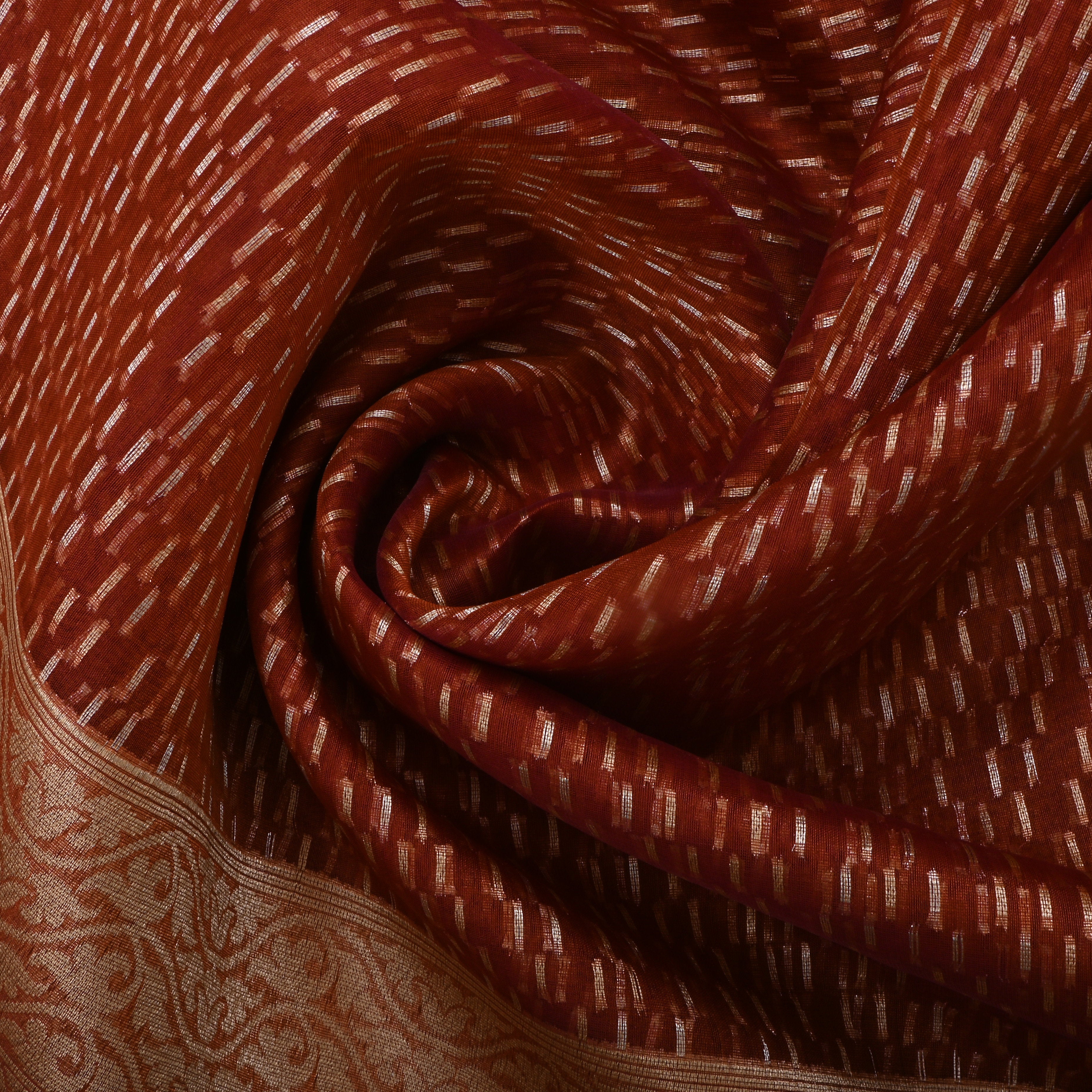 Kenyan Copper Orangy Red Jamawar Organza Fabric With Contrast Border
