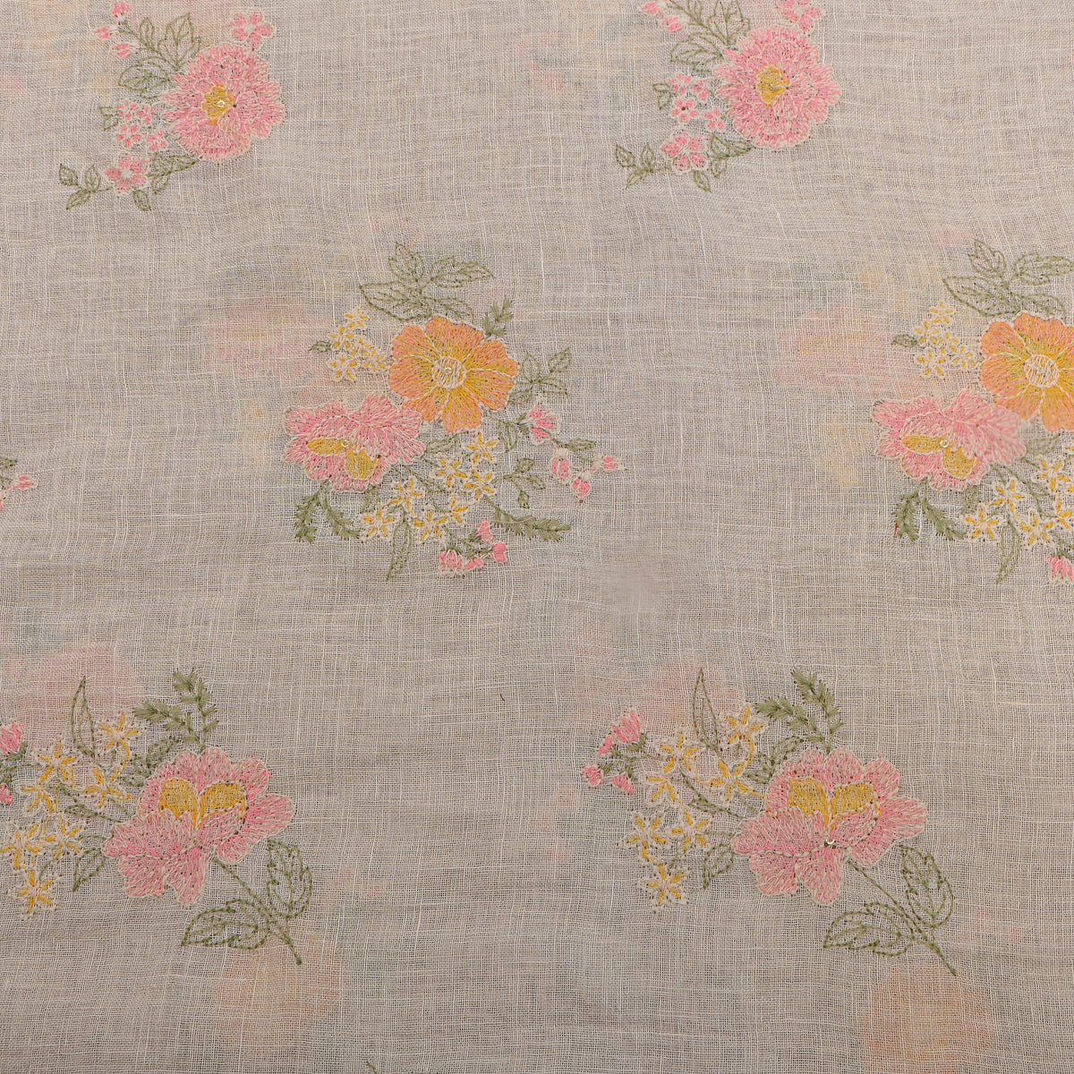A Cream White Floral Thread Work Embroider Linen Fabric