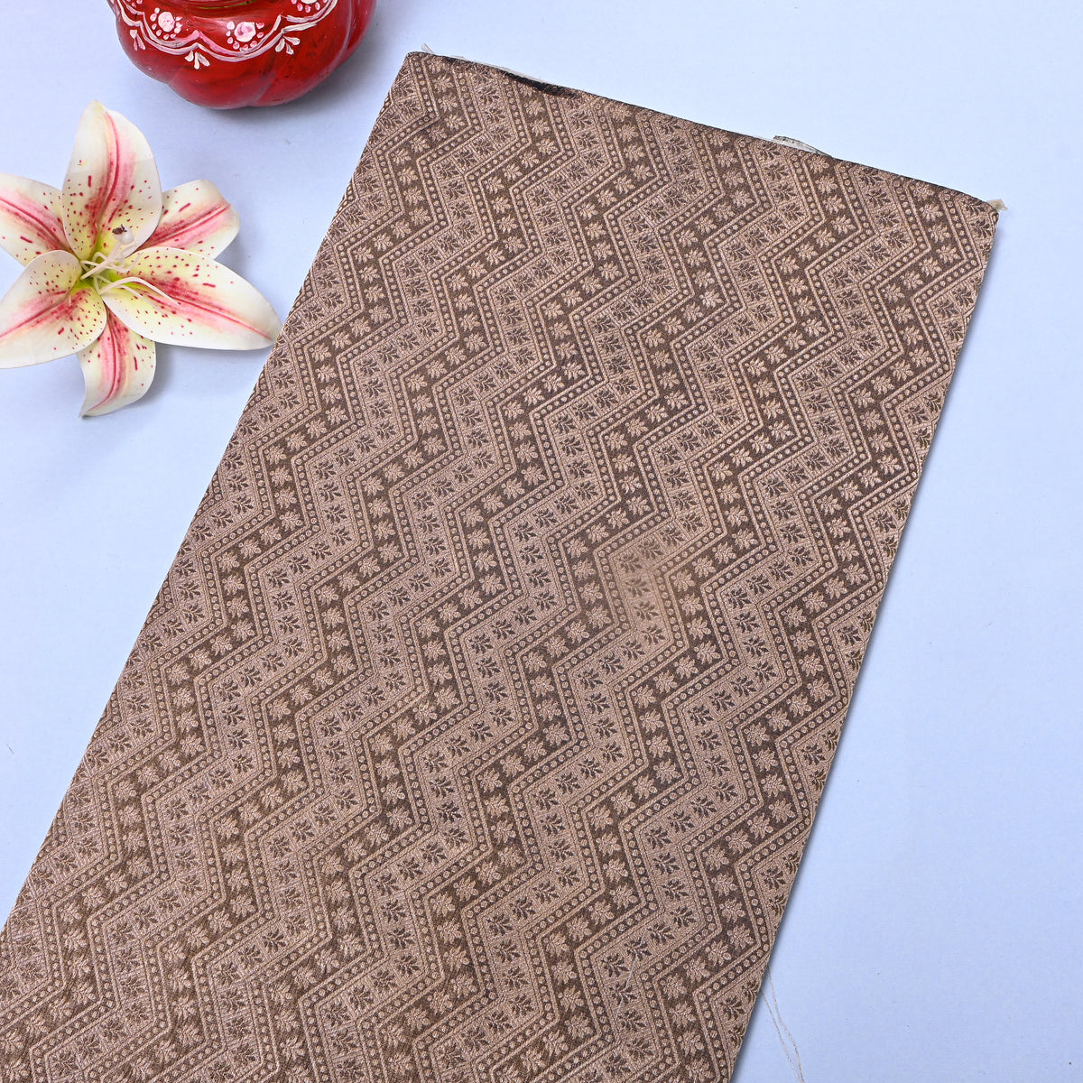 Brown Gold Zari Zigzag Weave Banarasi Silk Fabric