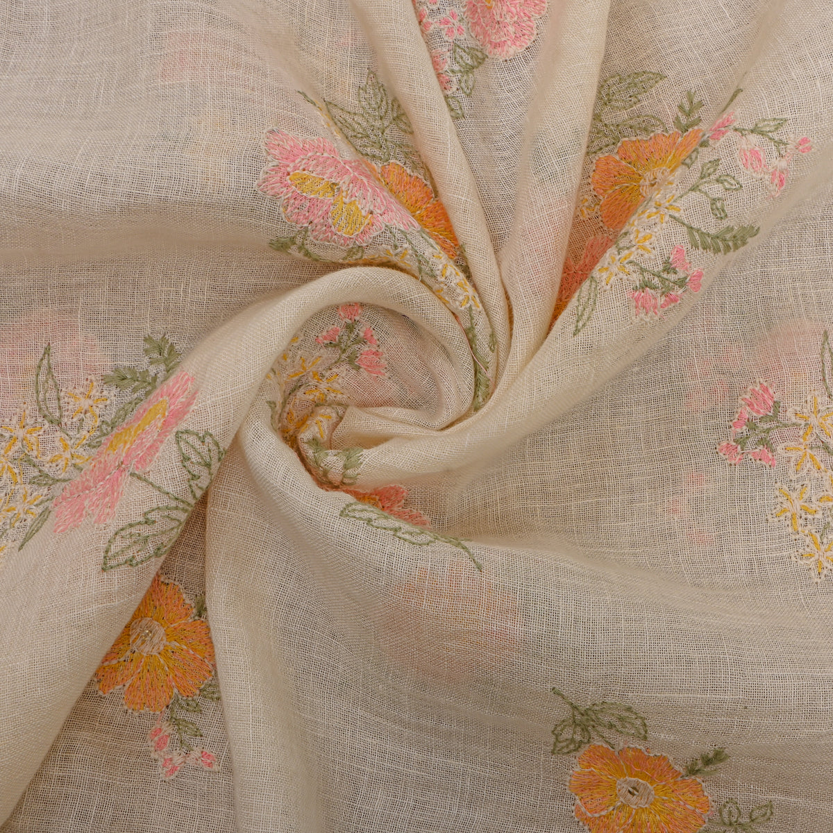 A Cream White Floral Thread Work Embroider Linen Fabric