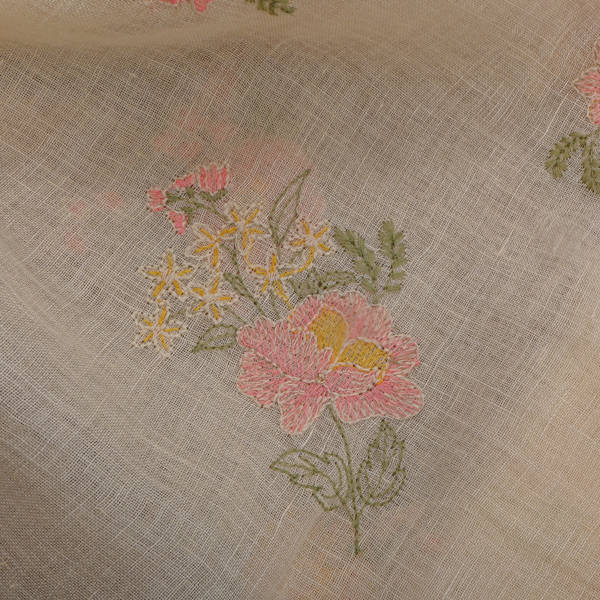 A Cream White Floral Thread Work Embroider Linen Fabric