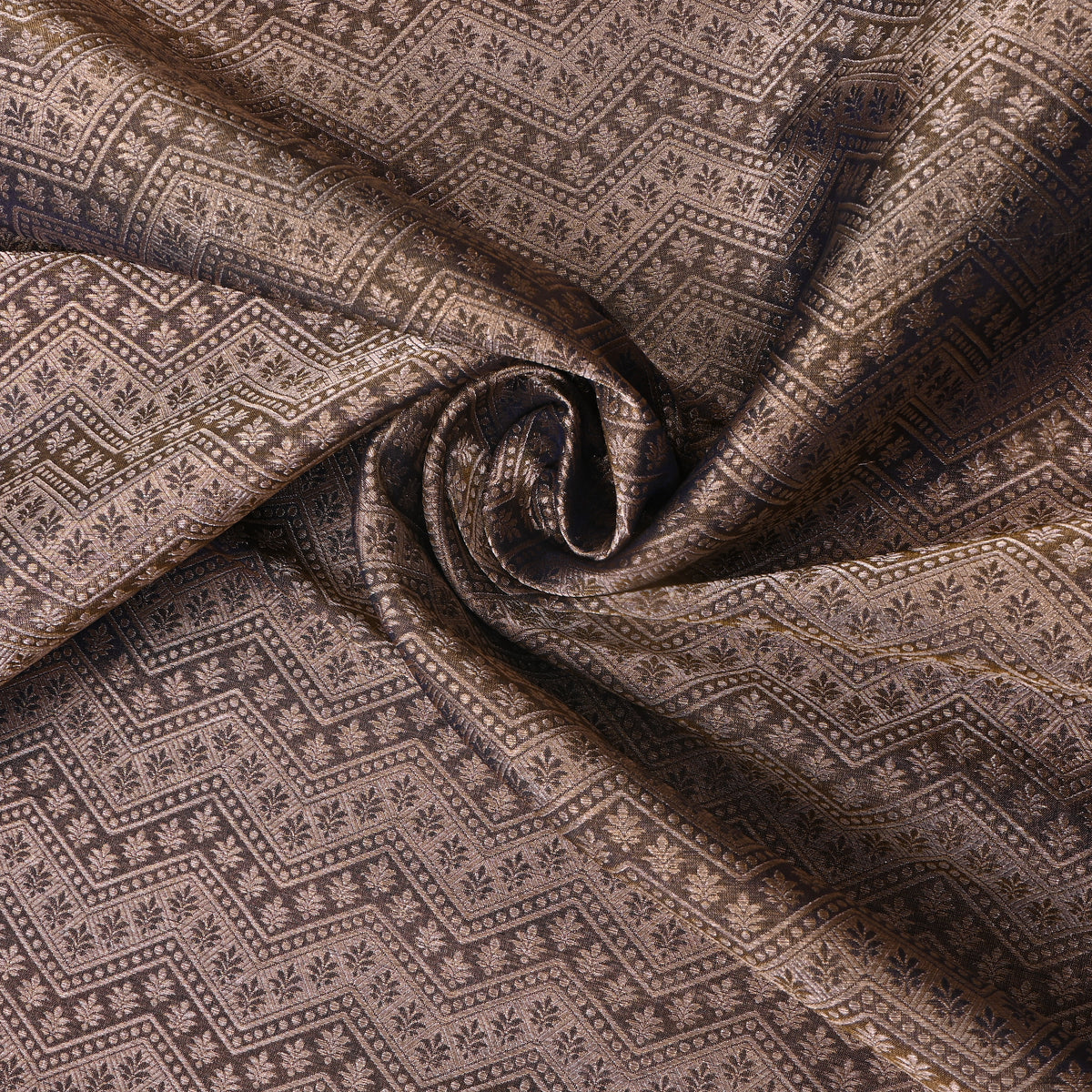 Brown Gold Zari Zigzag Weave Banarasi Silk Fabric