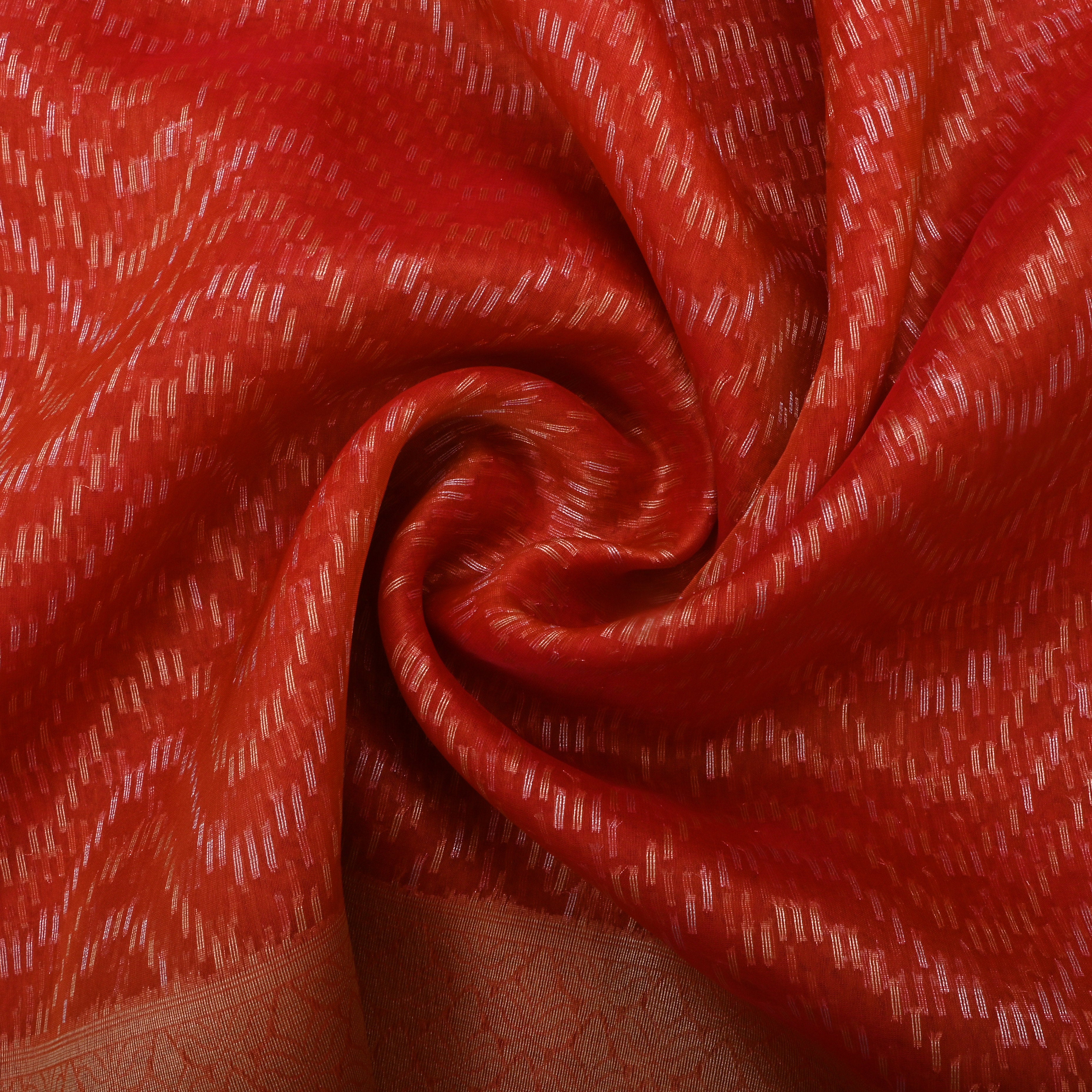 Thunderbird Orangy Red Jamawar Organza Fabric With Contrast Border