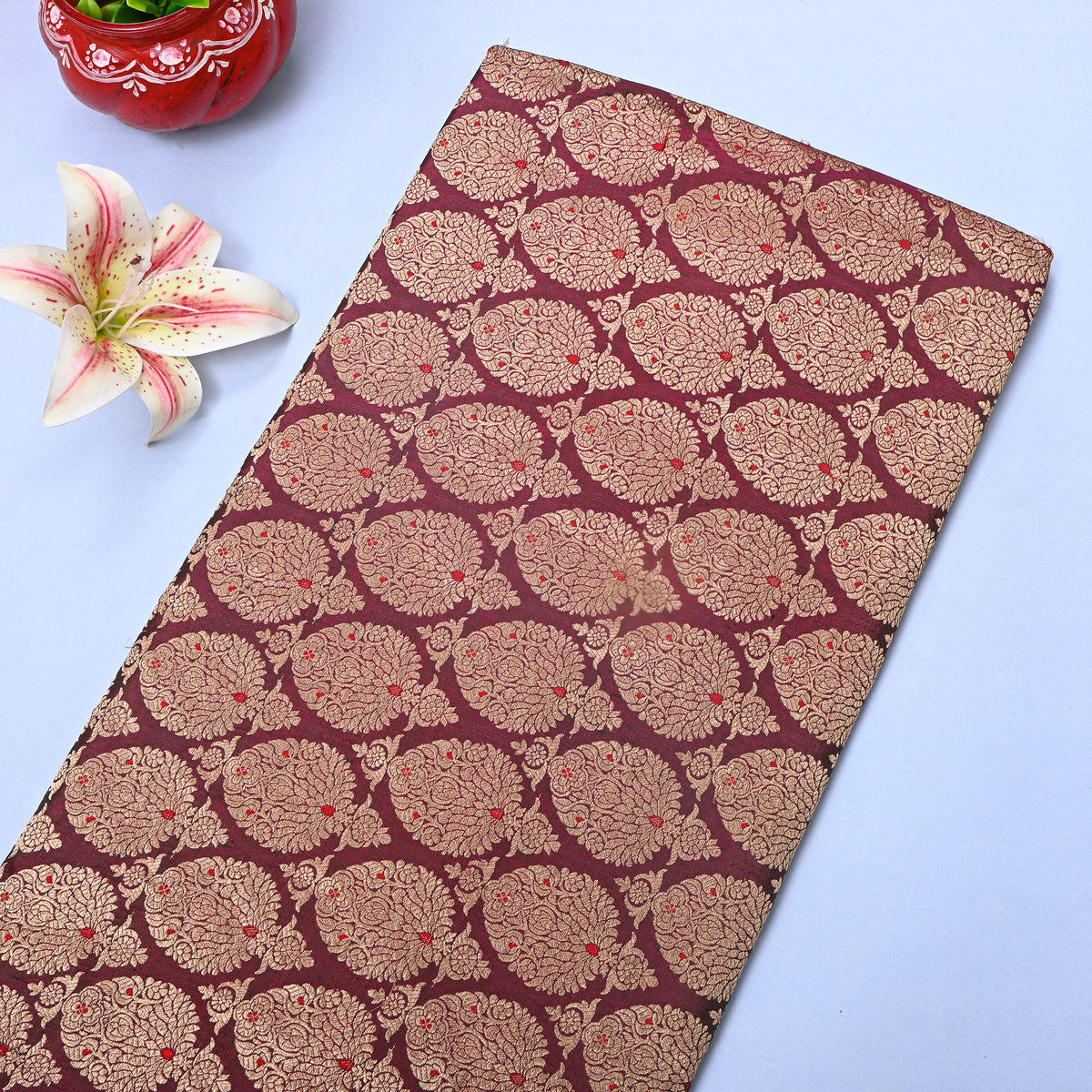 Deep Maroon Antique Gold Zari Brocade Jamawar Silk Fabric