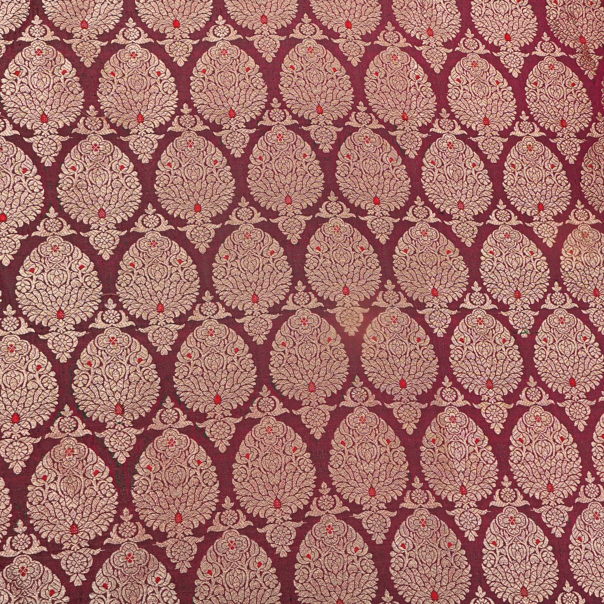 Deep Maroon Antique Gold Zari Brocade Jamawar Silk Fabric