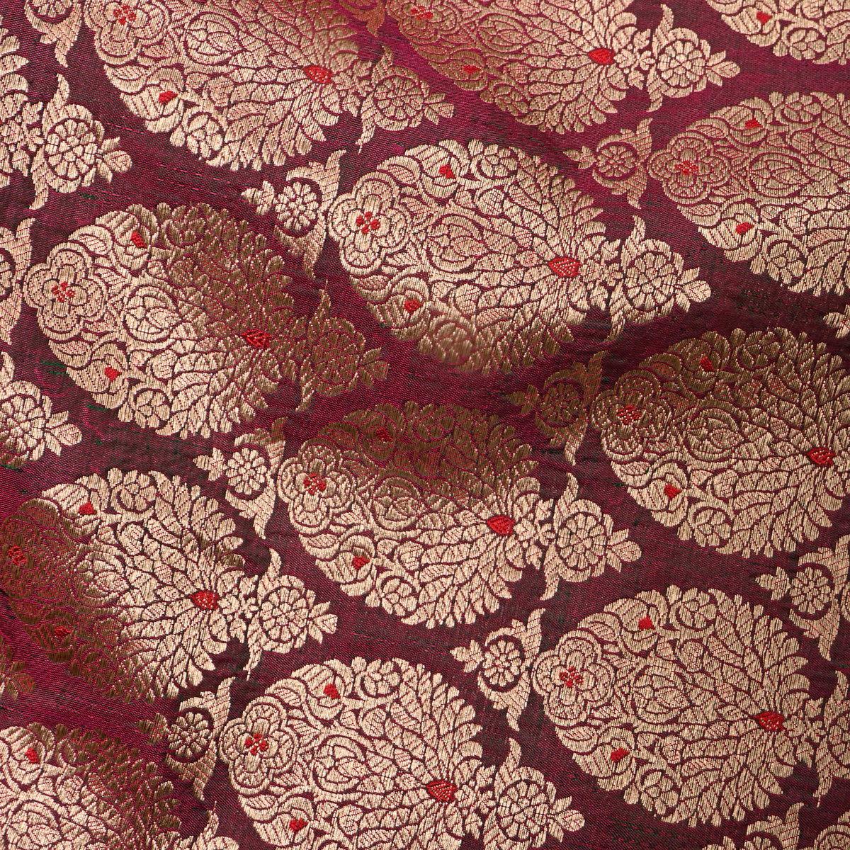 Deep Maroon Antique Gold Zari Brocade Jamawar Silk Fabric