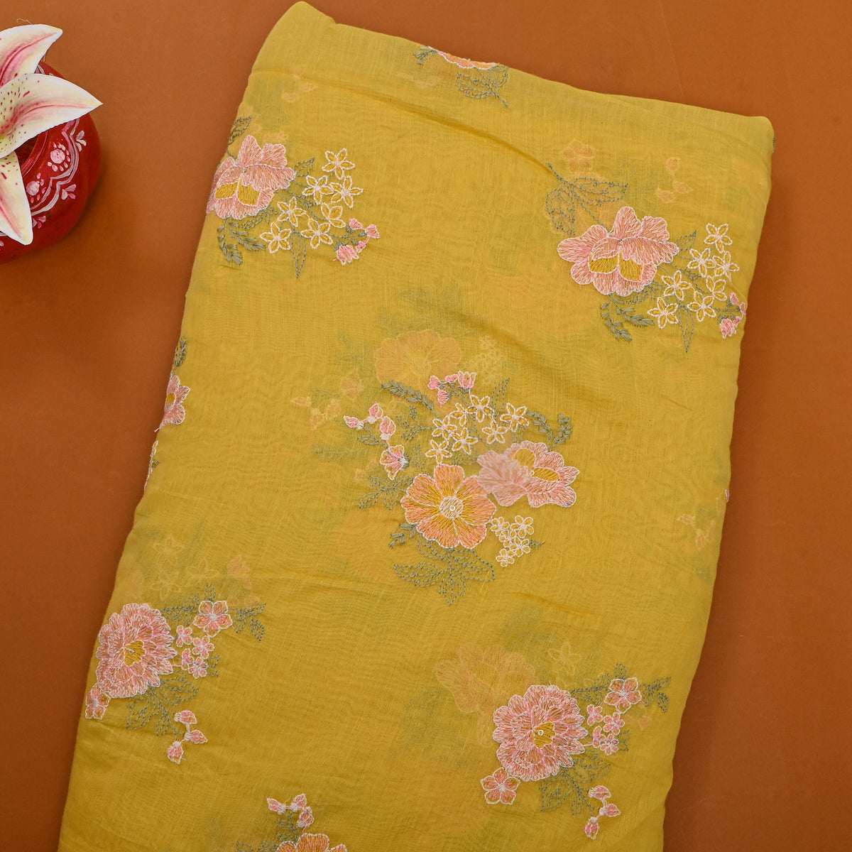 Mustard Yellow Thread Work Floral Chanderi Fabric