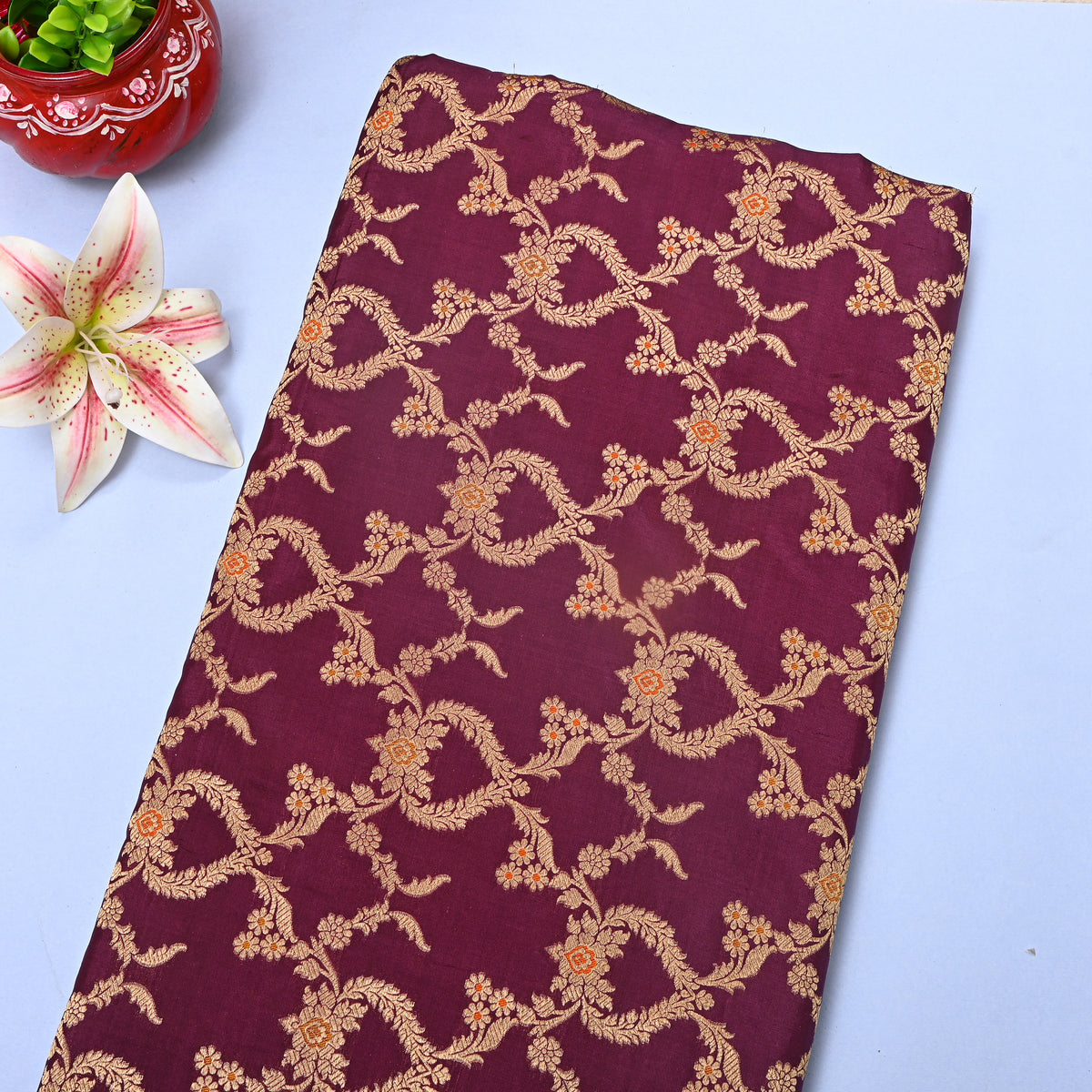 Plum Gold Zari Floral Trellis Jaal Jamawar Silk Fabric