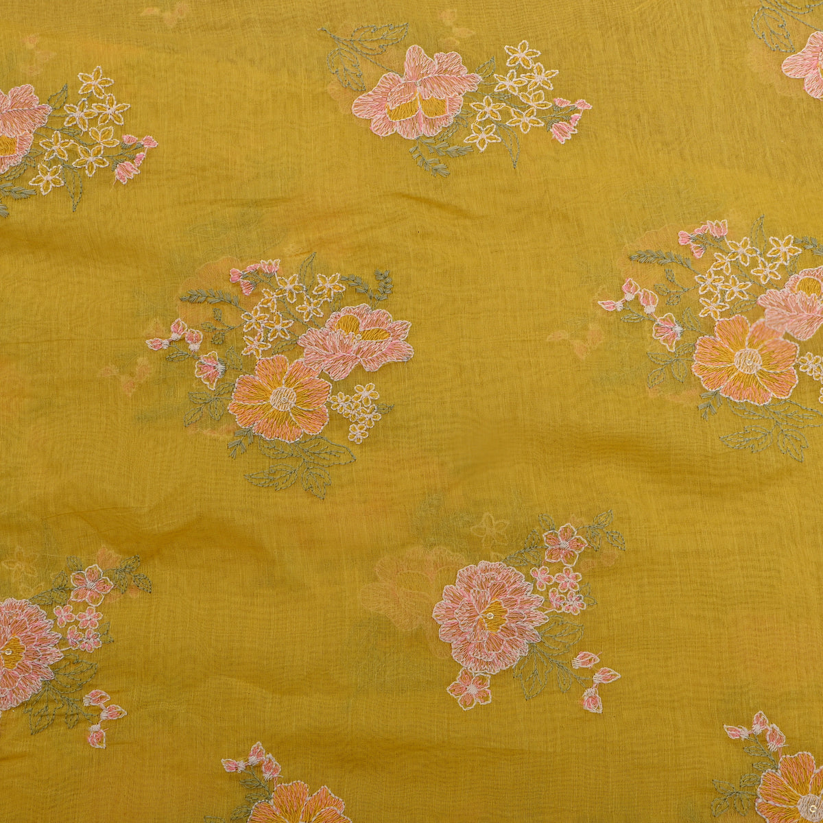 Mustard Yellow Thread Work Floral Chanderi Fabric