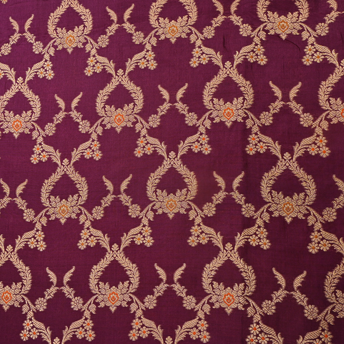 Plum Gold Zari Floral Trellis Jaal Jamawar Silk Fabric