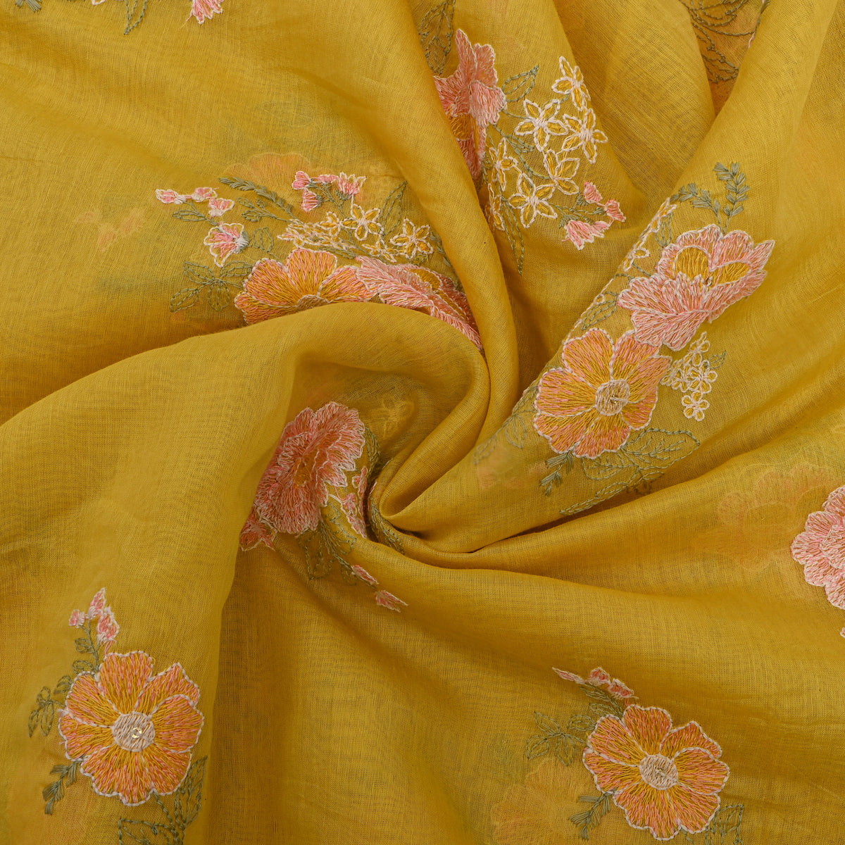 Mustard Yellow Thread Work Floral Chanderi Fabric